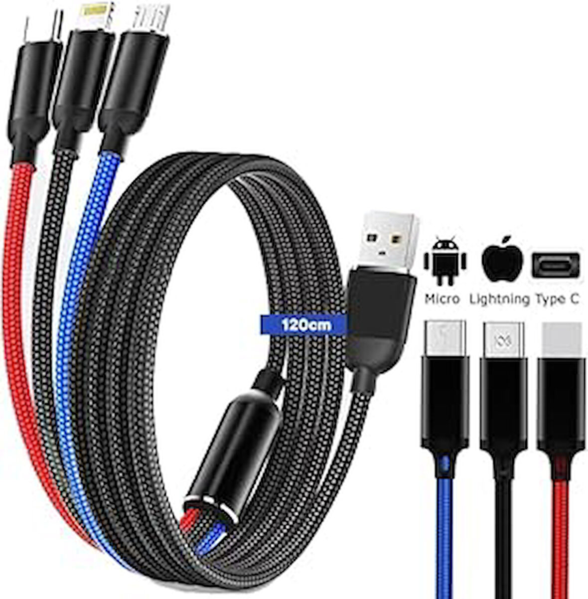 UYGUN ELEKTRONİK Hızlı Şarj ve Data Aktarım Kablosu, 60W - 3A USB A, Type C , Micro USB, Lightning Uyumlu 3 ü 1 Arada Çoklu Kablo