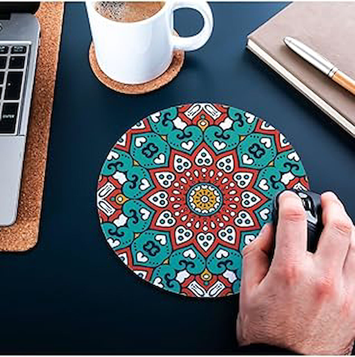 Renkli Mandala Tasarımlı Yuvarlak Mouse Pad - Mousepad - Mouse Pad - Fare Altlığı