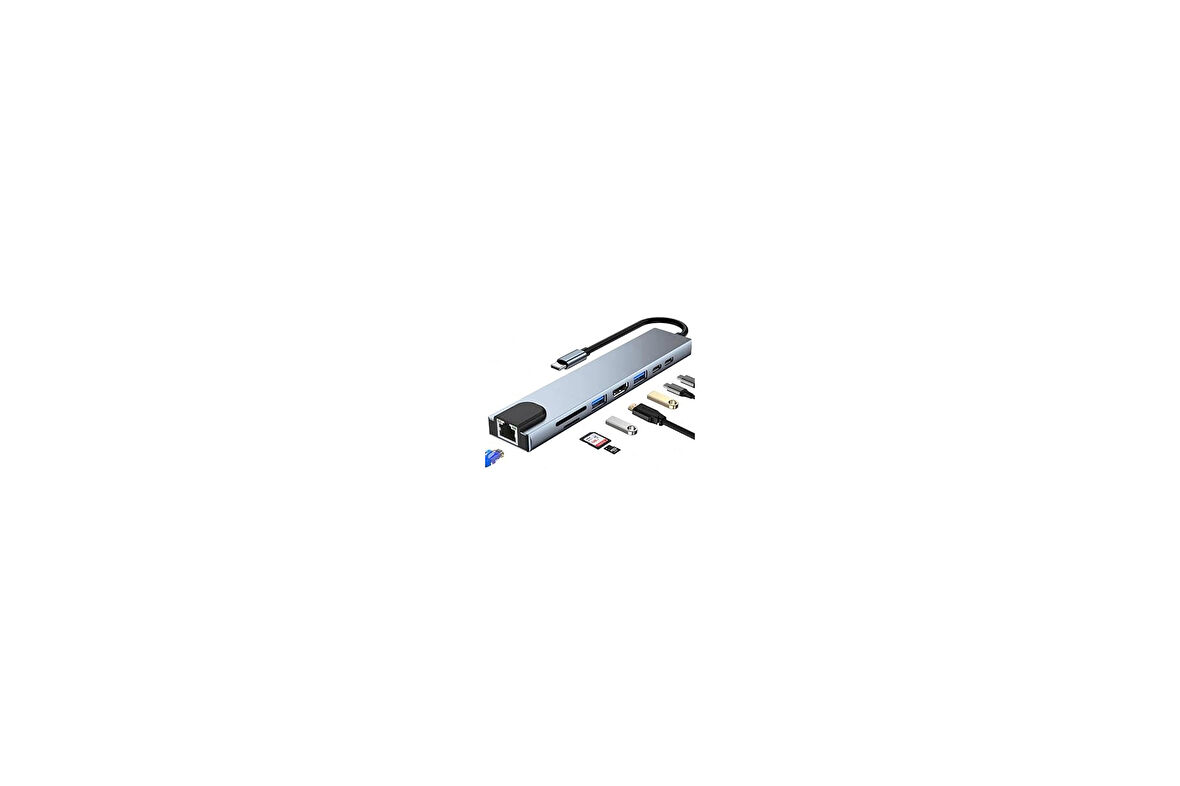 8in1 USB Type-C Hub Port Adaptör HDMI USB Ethernet PD Girişli, Gri