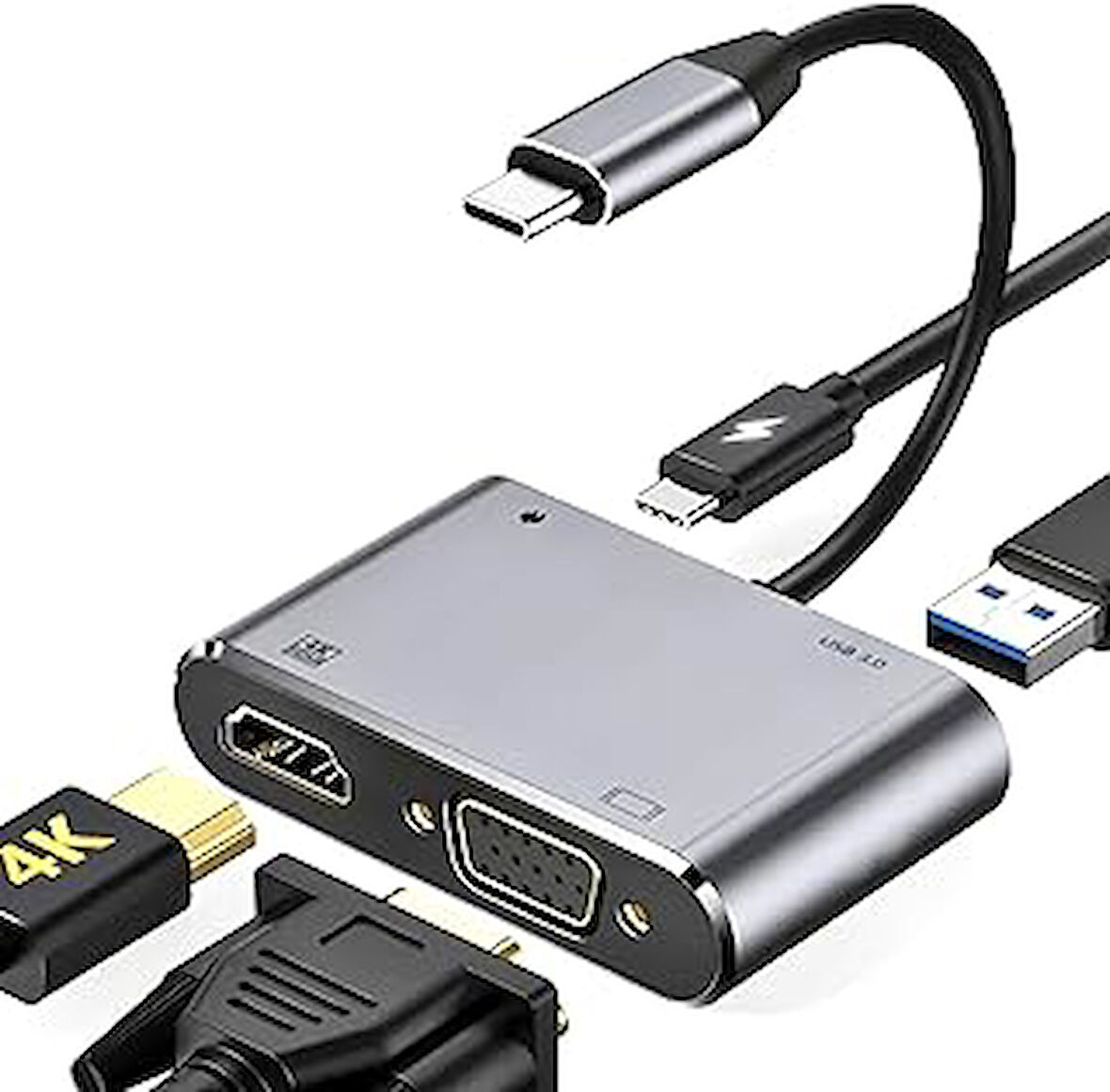 Kyrotech 4İN1 USB C HDMI VGA adaptörü, USB C hub, 4K HDMI, 1080P VGA, USB 3.0, USB C PD şarj, MacBook Pro/Air/iPad Pro 2018 / Dell XPS/Samsung Uyumlu
