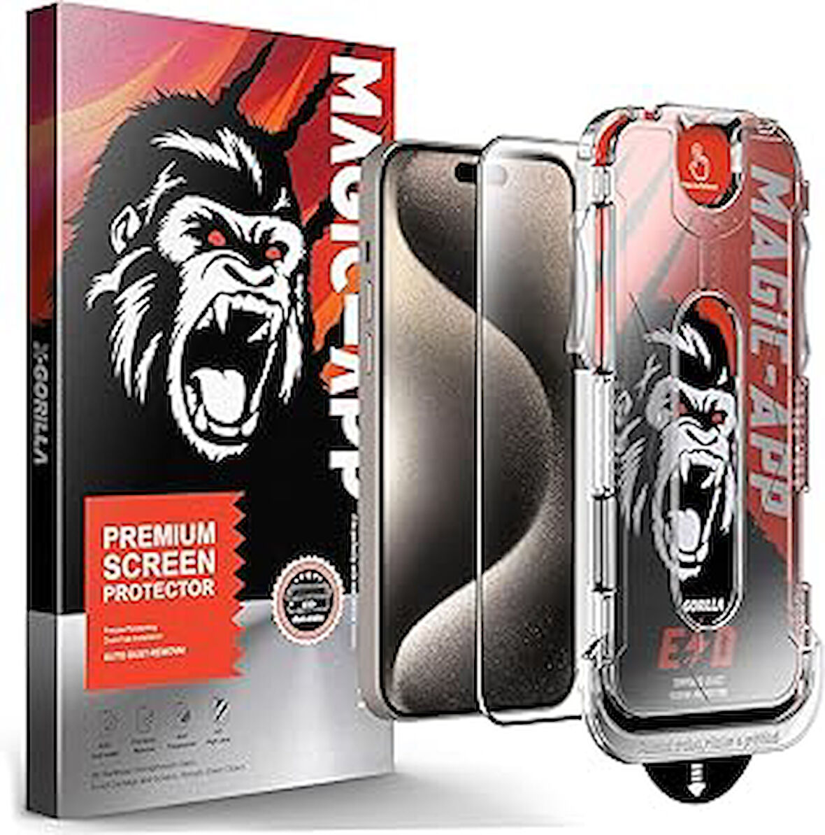 Klasse X-Gorilla Iphone 15 Pro Max Uyumlu Tam Kaplayan Tozsuz Uygulama 9H Ekran Koruyucu Kırılmaz Te