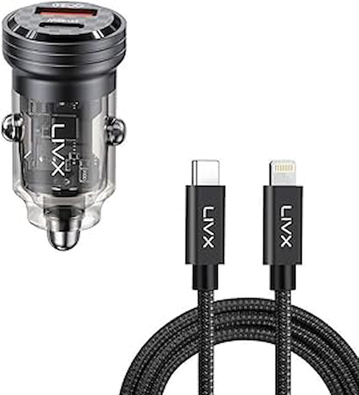 Transparent 45W PD/QC Mini Araç şarj Cihazı ve 50cm iPhone Hızlı Şarj Kablosu L35 - BLT-50
