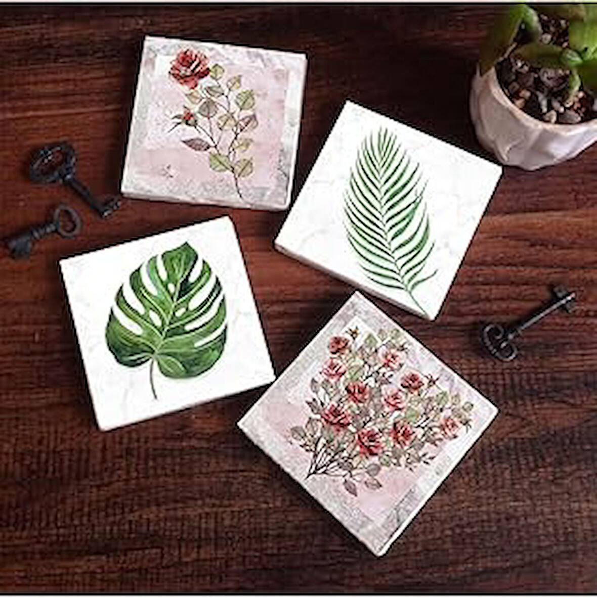 Pinecone Gül Çiçek, Yaprak Taş Bardak Altlığı Seti - 4 Parça - Dekoratif, Rustik Mutfak Aksesuarı, 10x10 cm, Kaydırmaz Tabanlı, Şık ve Dayanıklı SC351