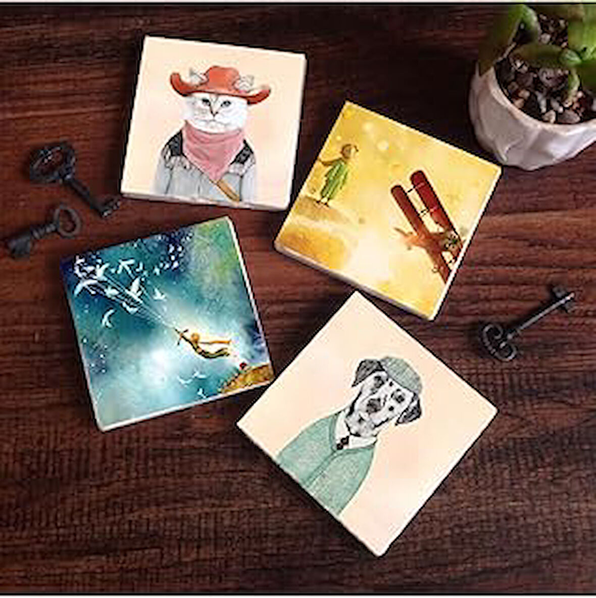 Pinecone Küçük Prens, Köpek, Taş Bardak Altlığı Seti - 4 Parça - Dekoratif, Rustik Mutfak Aksesuarı, 10x10 cm, Kaydırmaz Tabanlı, Şık ve Dayanıklı SC288