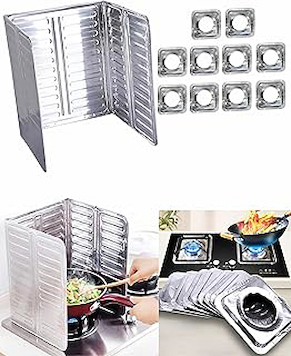 Kyrotech Ocak Arkası Ve Yanı Koruyucu Alüminyum Koruyucu Panel Pişirme Tava Yağ Sıçrama Önleyici Ve 10 Adet Alüminyum Ocak Kapağı Koruyucu Sıçrama Dökülme Önleyici Set