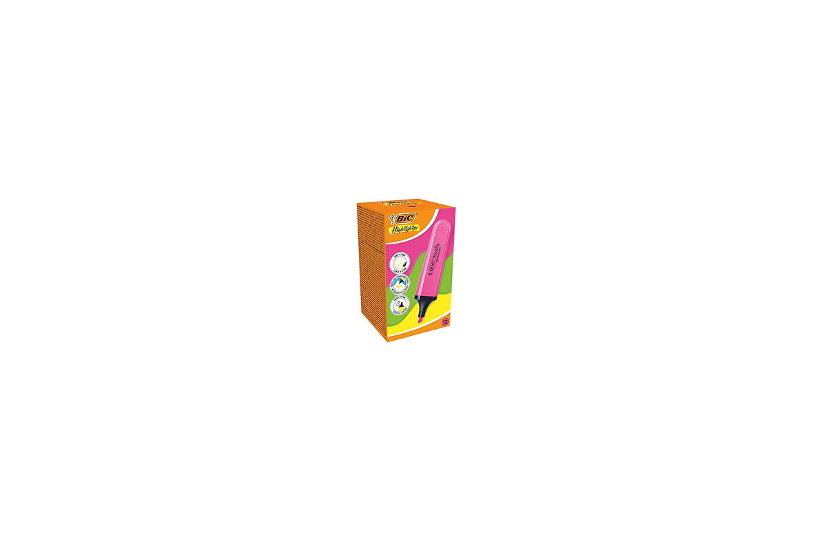 Bic Marking Flat Higlighter Fosforlu Kalem 12'Li Kutu, Pembe Fosforlu Kalem, Su Bazlı, Hızlı Kuruyan