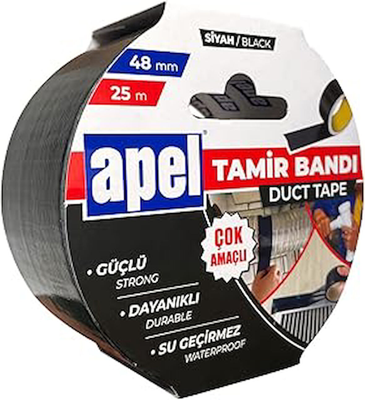 Apel Tamir Bandı (Duct Tape) Askılı Karton 48 Mm X 25 M Siyah