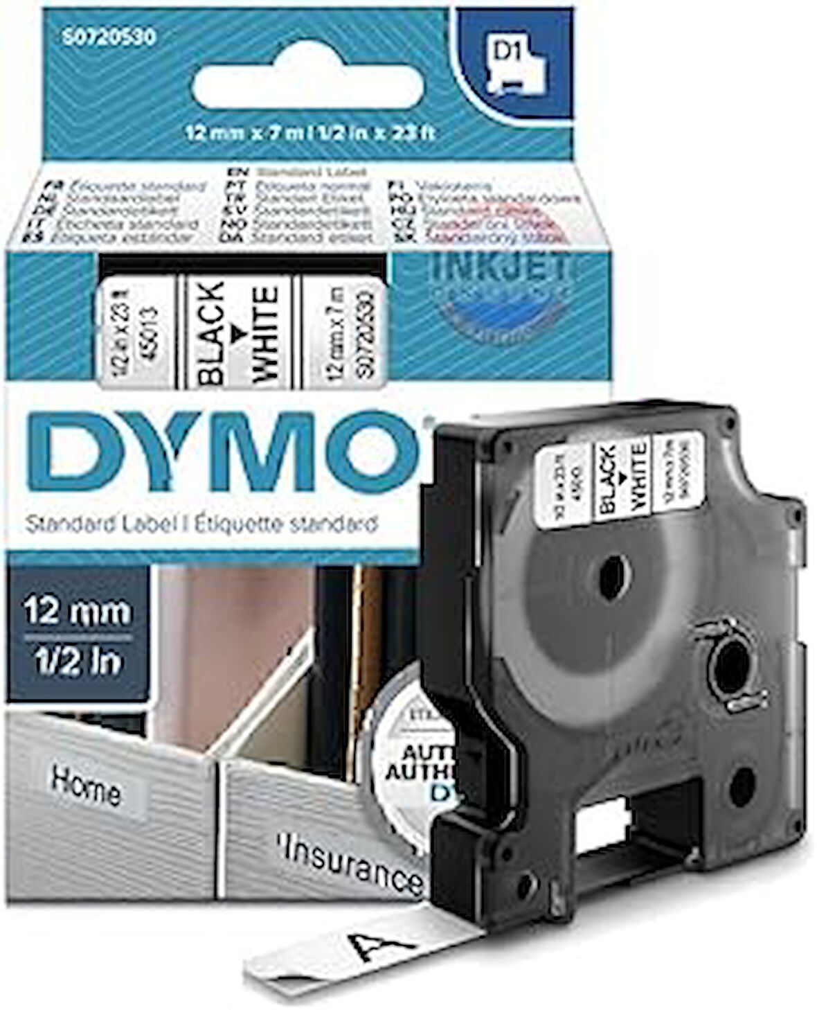 Dymo D1 Yedek Şerit, 12 Mm X 7 Mt, Beyaz/Siyah (45013)