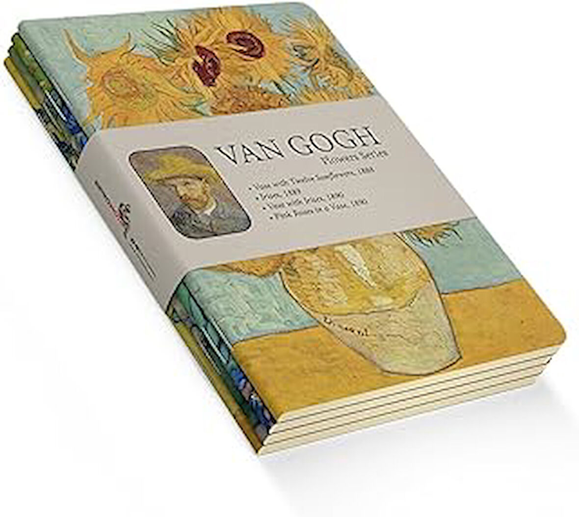 Retronote Flowers Series - A5, Van Gogh 4'lü Defter Seti III, Çizgisiz, Toplam 256 Sayfa, Her biri 64 Sayfa, Tel Dikiş, Esnek Kapak, Oval Kenar, Tuval Doku, 60 gram, Sarı Krem Renk