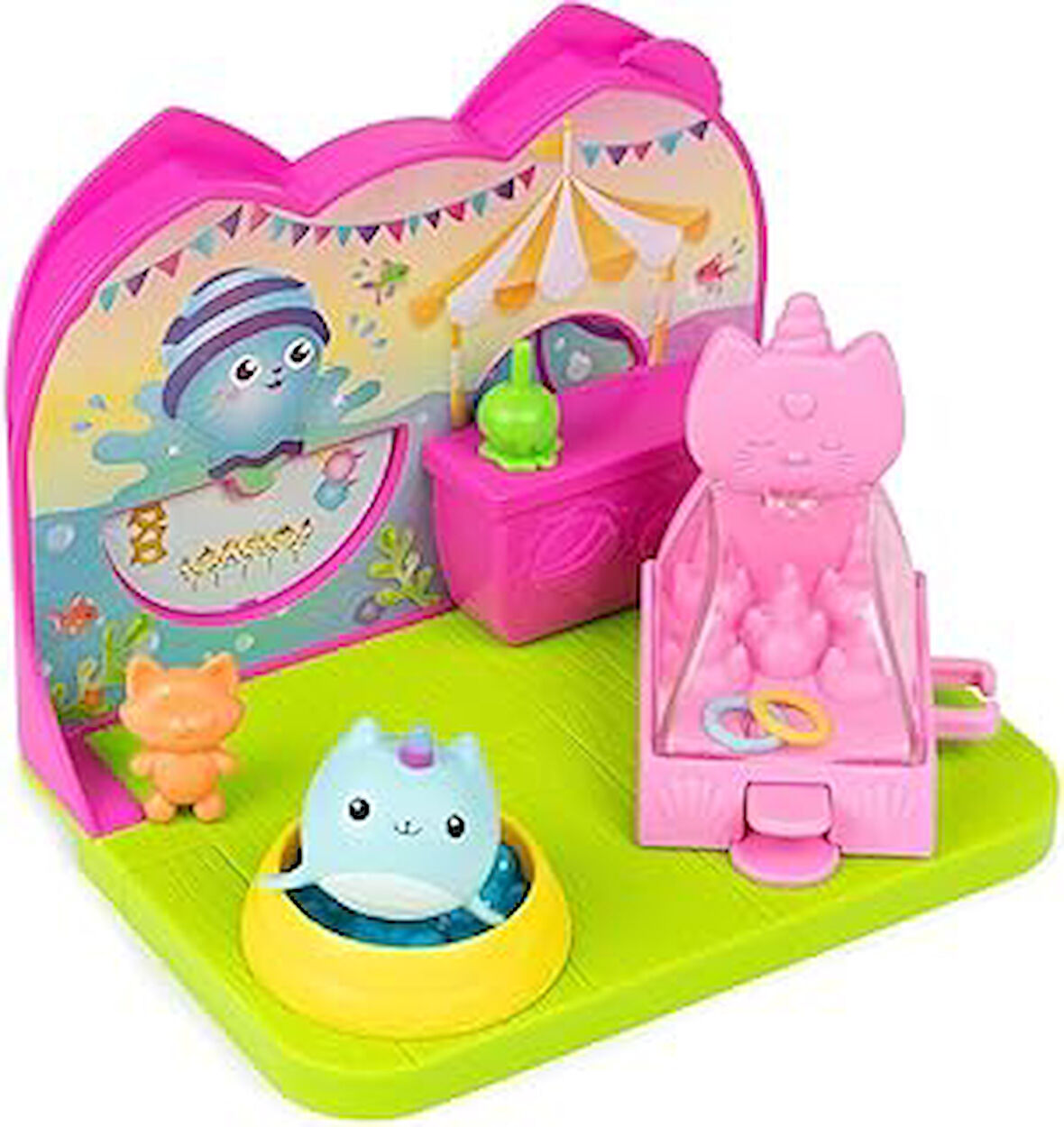 Gabby's Dollhouse Deluxe Room oyun seti, yavru deniz gergedanı, mobilya parçaları ve tematik aksesuarlar ile parti odası, 3 yaş ve üzeri