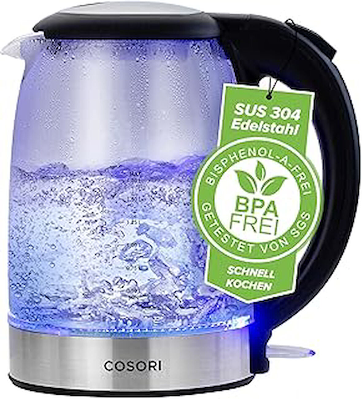 Cam Su Isıtıcısı, Geliştirilmiş Paslanmaz Çelik Filtre Ve Iç Kapak, Bpa Içermez, 1,7 Litre, Mavi Led’Li, Kuru Çalışma Koruması, 2200 Watt, Hızlı Isıtma’