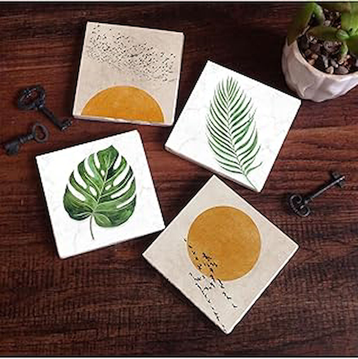 Pinecone Minimalist, Yaprak Taş Bardak Altlığı Masaüstü Koruyucu Altlık 4 Parça Set 10x10cm Stone Coasters SC344