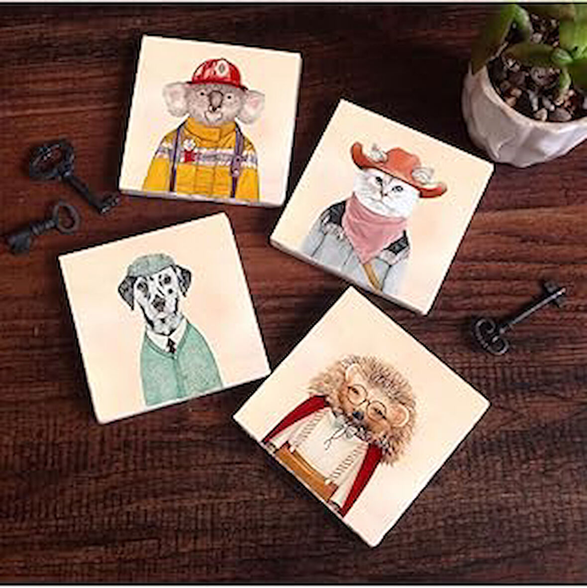 Pinecone Kirpi, Köpek, Kedi, Koala Taş Bardak Altlığı Masaüstü Koruyucu Altlık 4lü Set 10x10cm Stone Coasters SC175