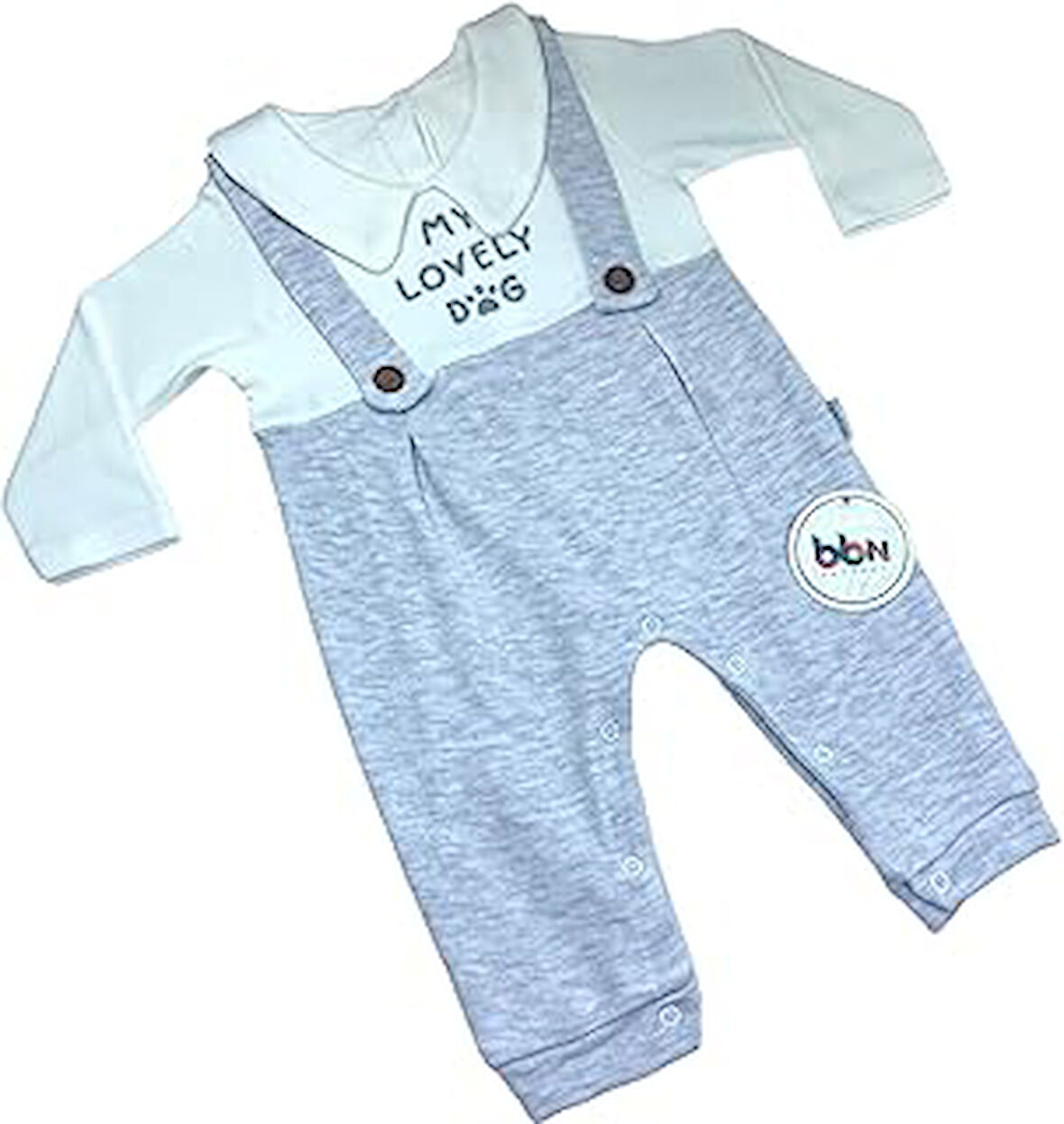 Mebs Clothing Bon & Bon OUR Erkek Bebek Gri Tulum, Pati Baskılı, Çıtçıtlı, Uzun Kollu