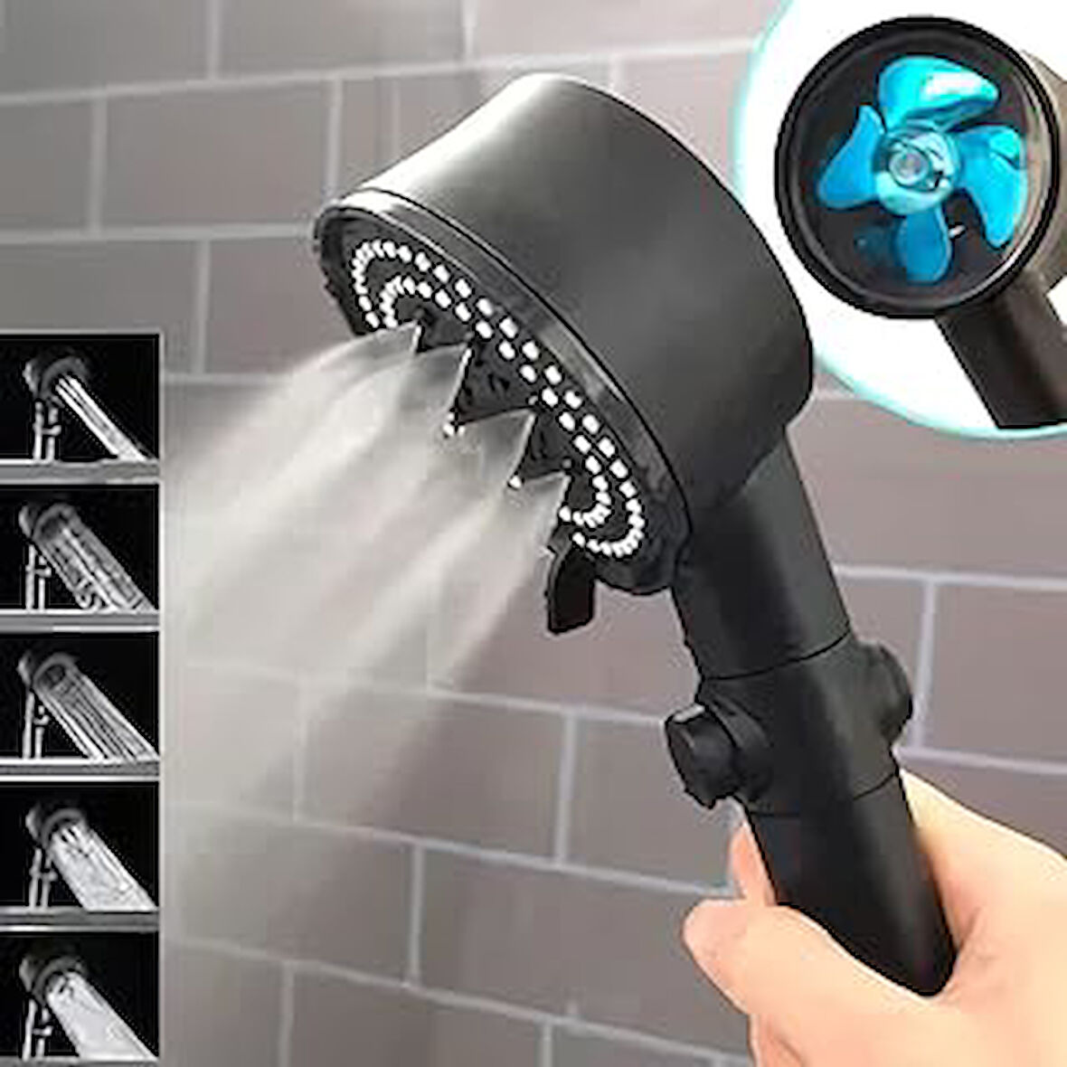 DUŞ BAŞLIĞI Turbo Fan 5 Fonksiyonlu Duş Başlığı El Duşu Handshower, Siyah 1.Sınıf Kaliteli