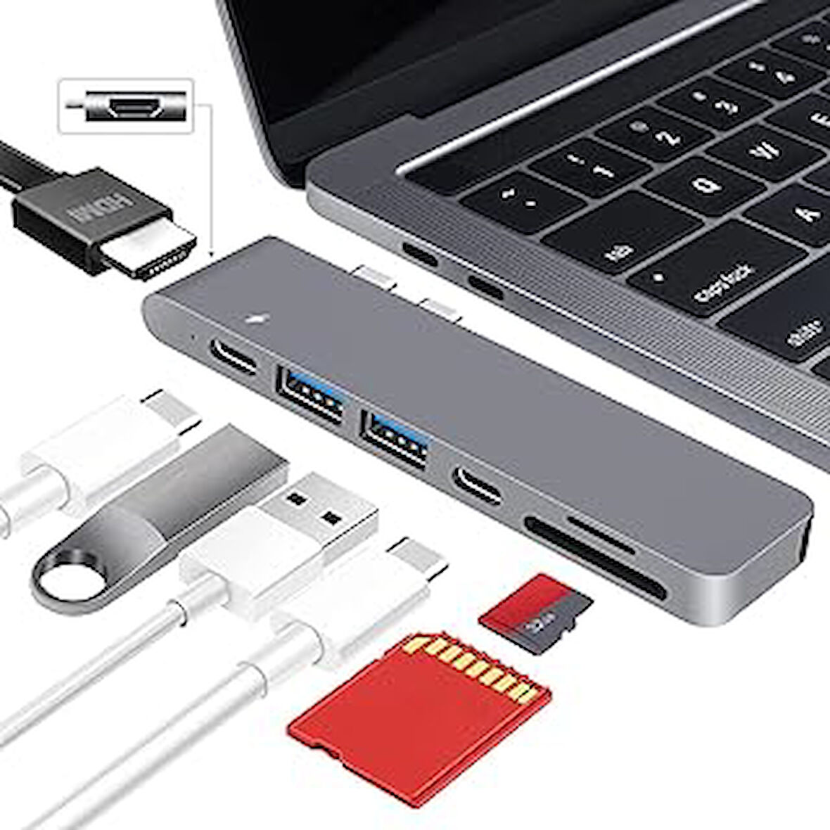 TR-80 MacBook Pro Air USB Adaptör Hub, 7 in 1 4k HDMI 2x USB 3.0 Thunderbolt 3 PD Hızlı Şarj Tamamı Metal Kasa