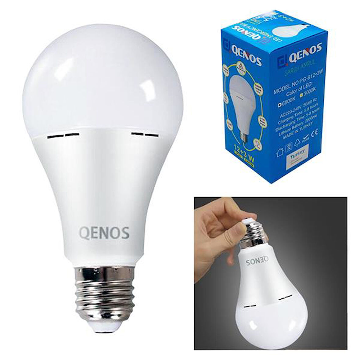 QENOS Şarjlı Led Ampul Beyaz 220V 12+3W 1350Lm E27