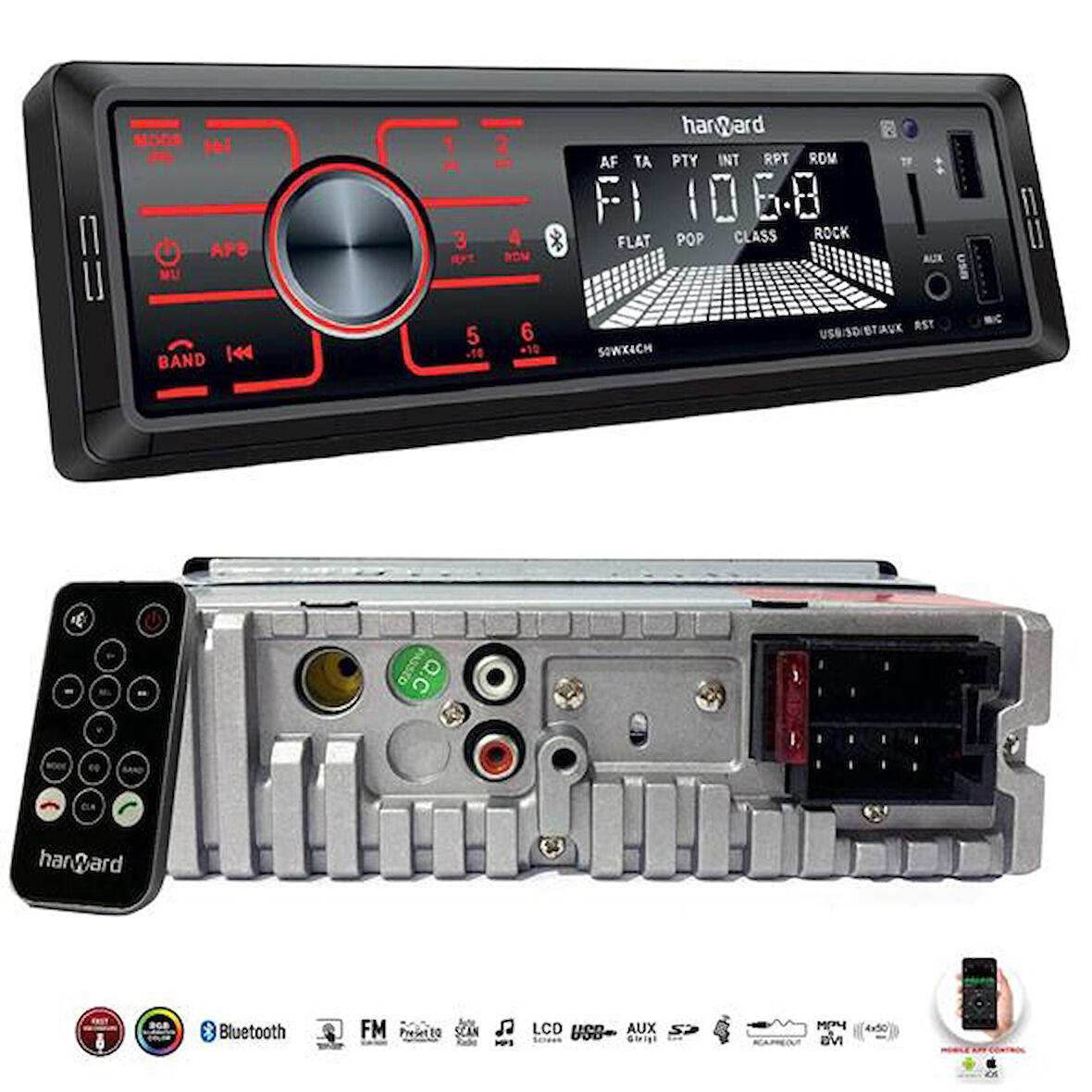 HARWARD HR-MX654 Oto Teyp 4X50 Watt Bluetooth Mobil Aplikasyon 2Xusb Sd Fm Aux