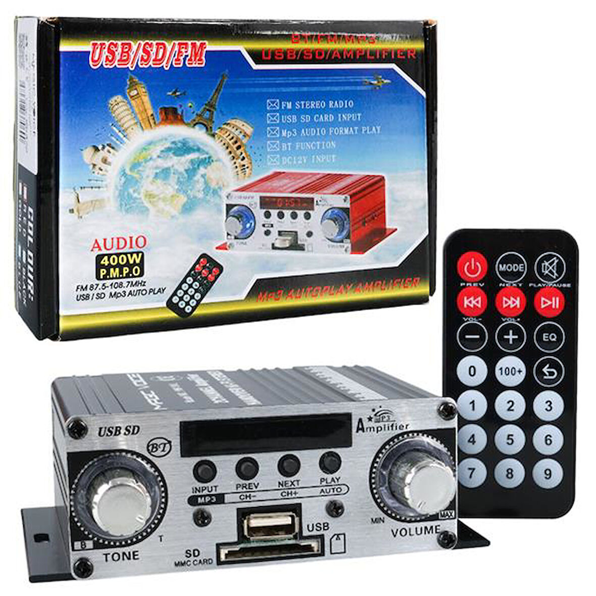 YW-191L 12 Volt 100 Watt Motosiklet Bluetooth Amfi USB/SD 2 Kanal Pazarcı - Anfi