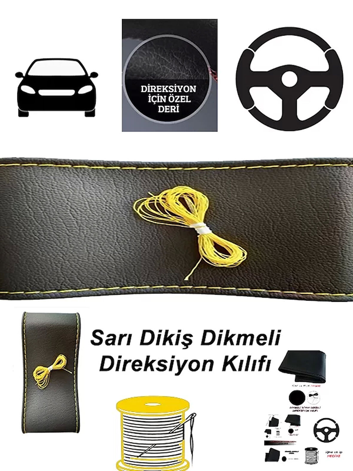 Skoda Cıtıgo Uyumlu Oto,Araba  Direksiyon Kılıfı Sarı Dikiş