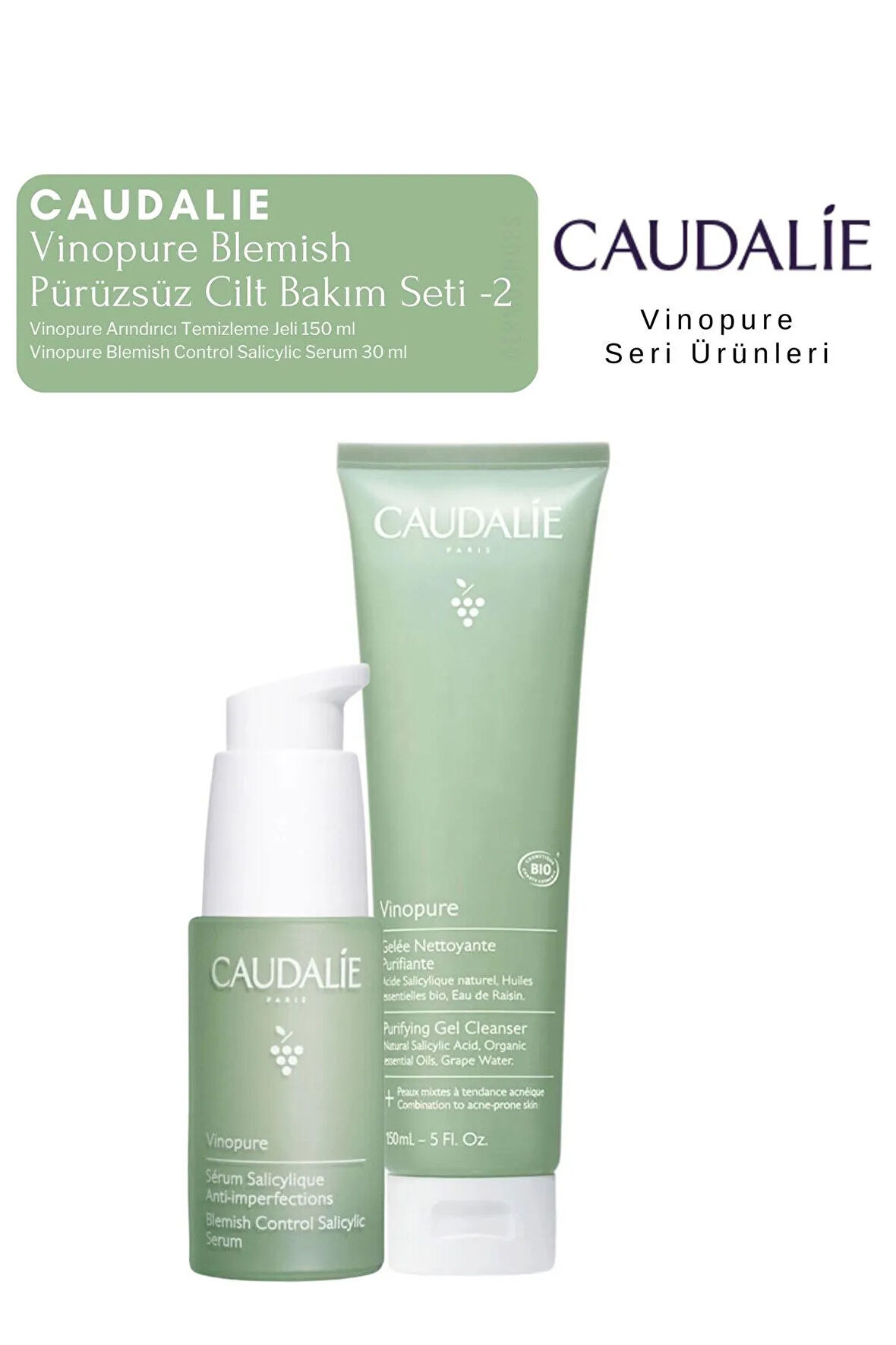 Vinopure Blemish Pürüzsüz Cilt Bakım Seti -2 | Serum -Temizleme Jeli Orijinal Boy