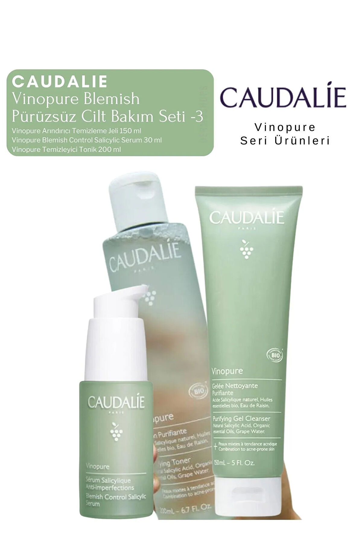 Vinopure Blemish Pürüzsüz Cilt Bakım Seti -3 | Serum -Tonik - Temizleme Jeli Orijinal Boy