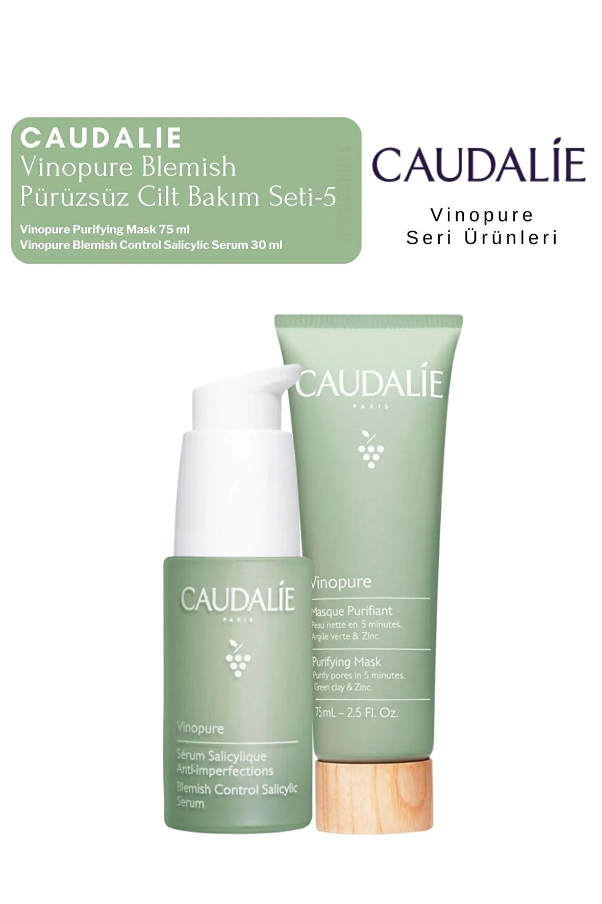 Vinopure Blemish Pürüzsüz Cilt Bakım Seti -5 | Serum -Peeling Orijinal Boy