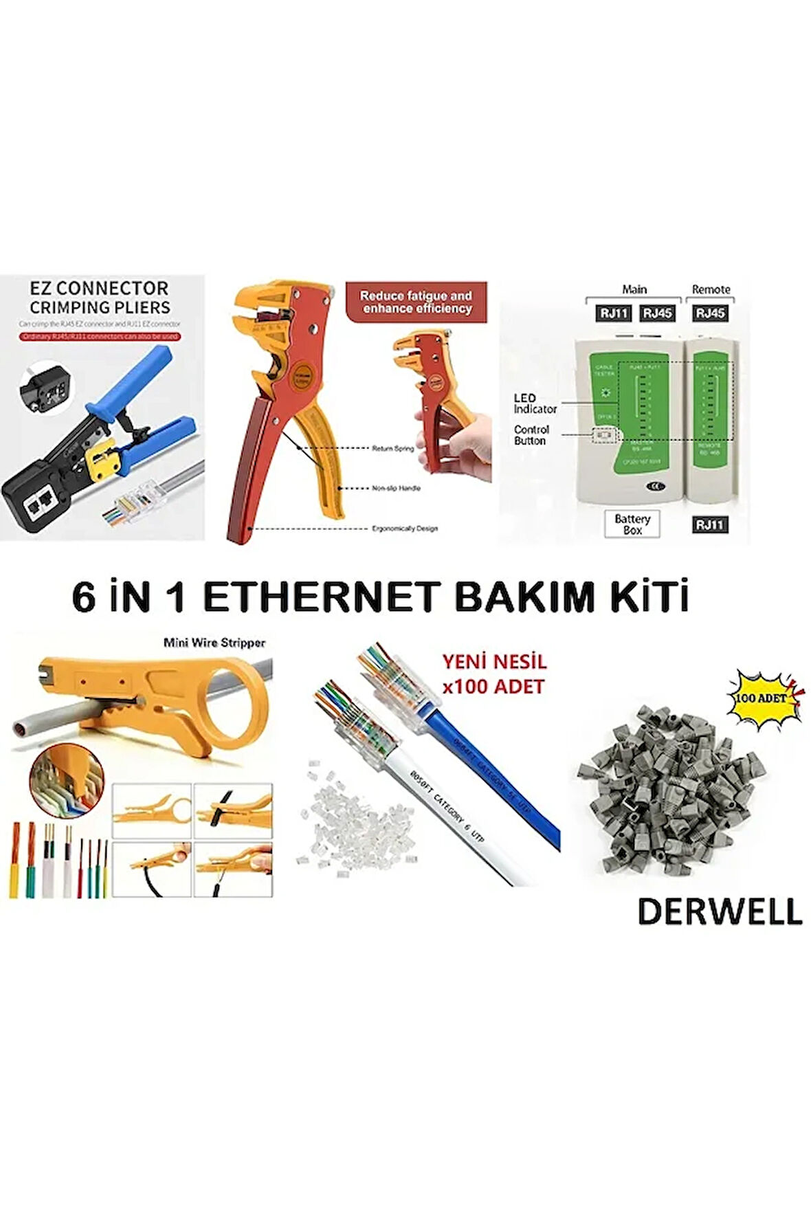 Yeni Nesil Pense 100'lü Cover Delikli 100 lü Jak Test Cihazı Karga Burun Kablo Soyucu 6in1 Bakım Set
