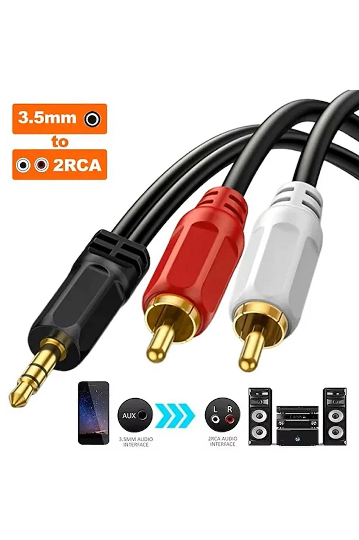1.5 Metre 3.5mm 2rca Jak Kablosu Stereo Splitter Aux Profesyonel Av Kablosu Dvd Tv Cd Ses Kablosu