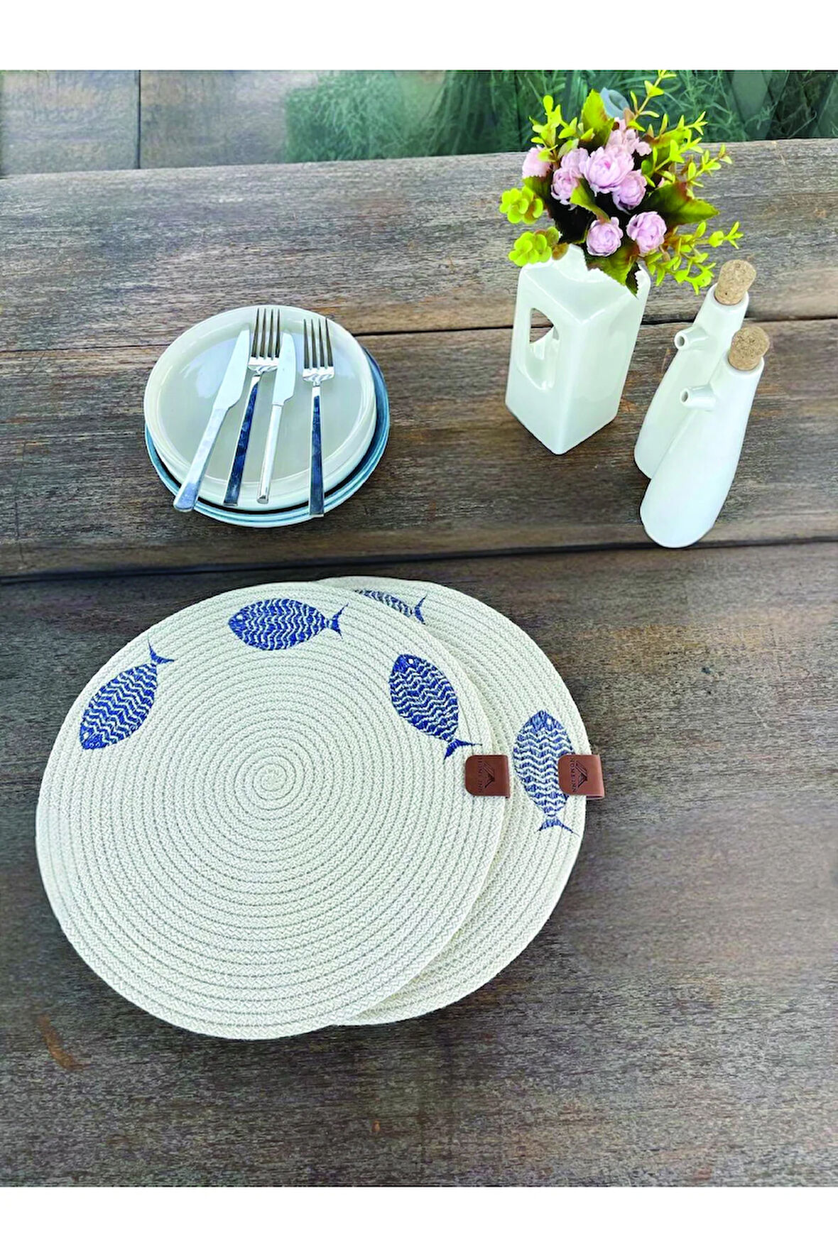 2'li Set Balıklar İşlemeli Amerikan Servis-Leke Tutmaz Natural 33 cm