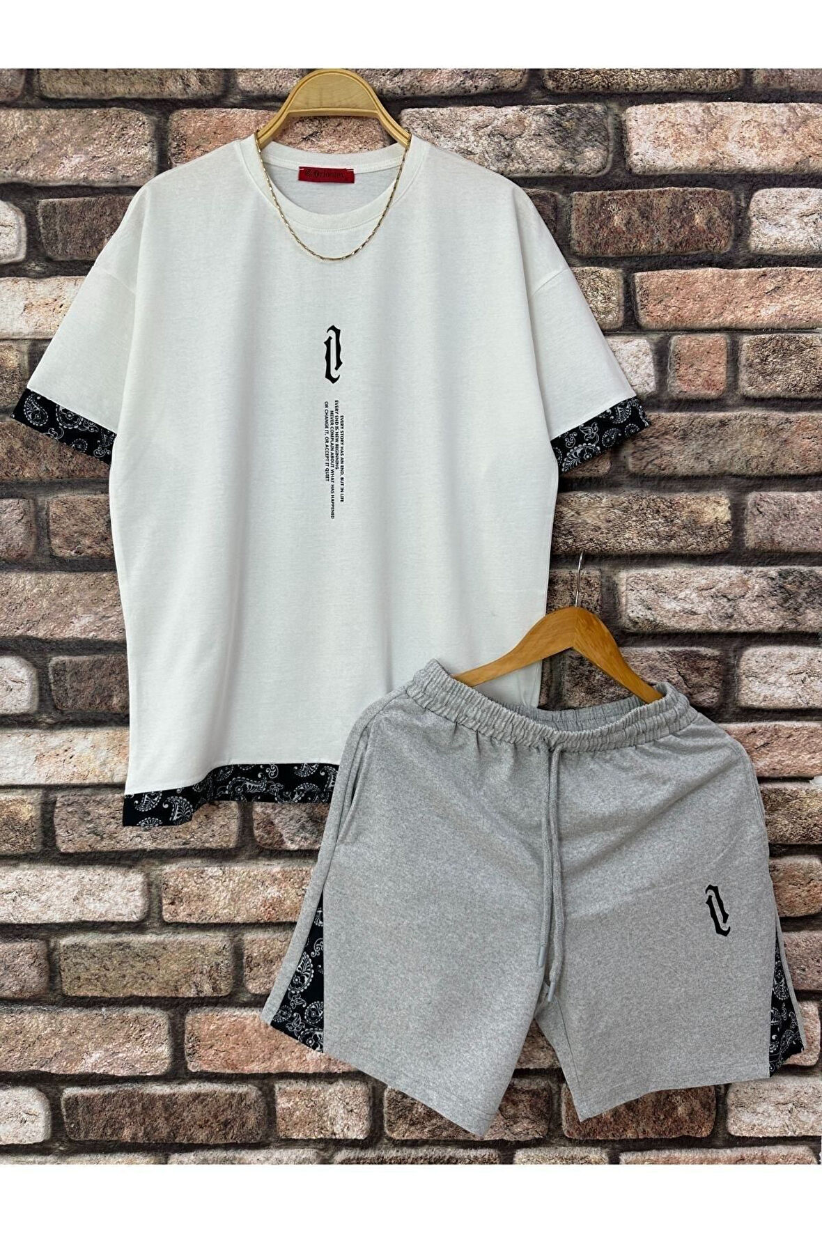 Erkek Dikey Baskılı Oversize T-shirt Şort