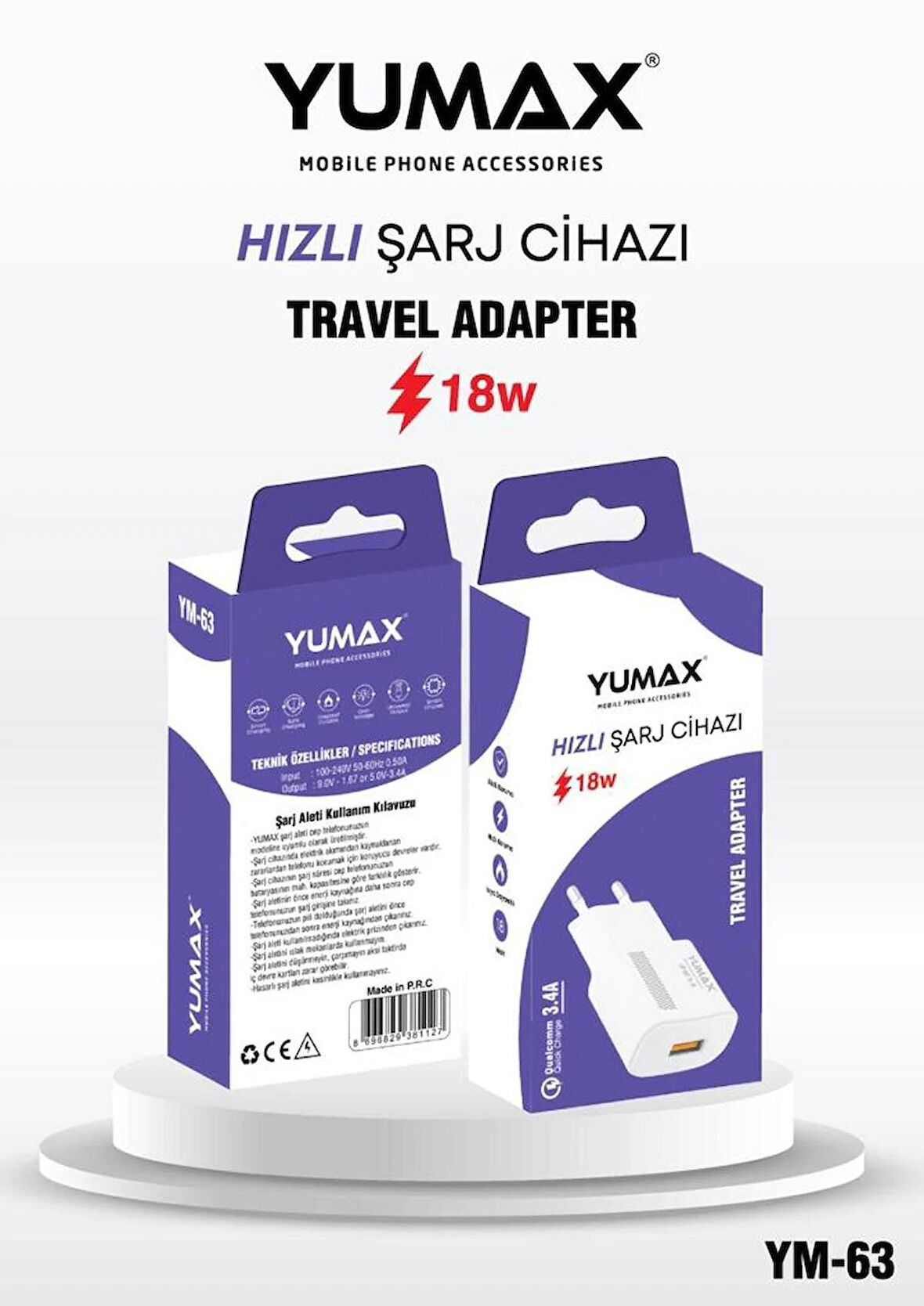 Yumax Hızlı Şarj Başlığı 18 Watt 3.4a Destekli Adaptör