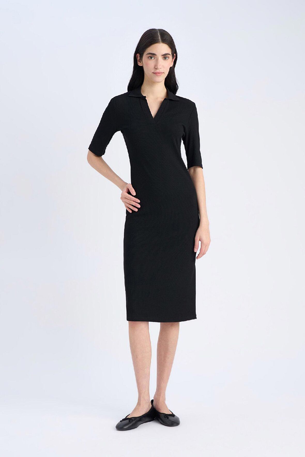 Bodycon Vücudu Saran Polo Yaka Fitilli Kaşkorse Kısa Kollu Midi Elbise