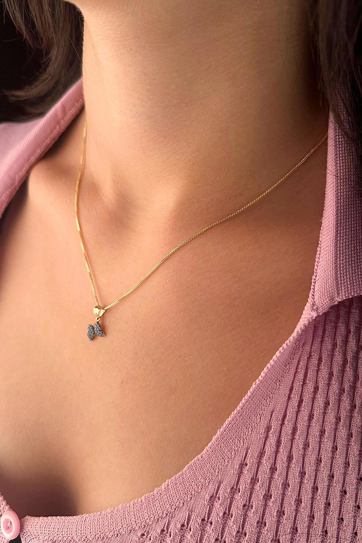 14 Ayar Altın İpek Zincir Firuze Taşlı Kelebek Kolye