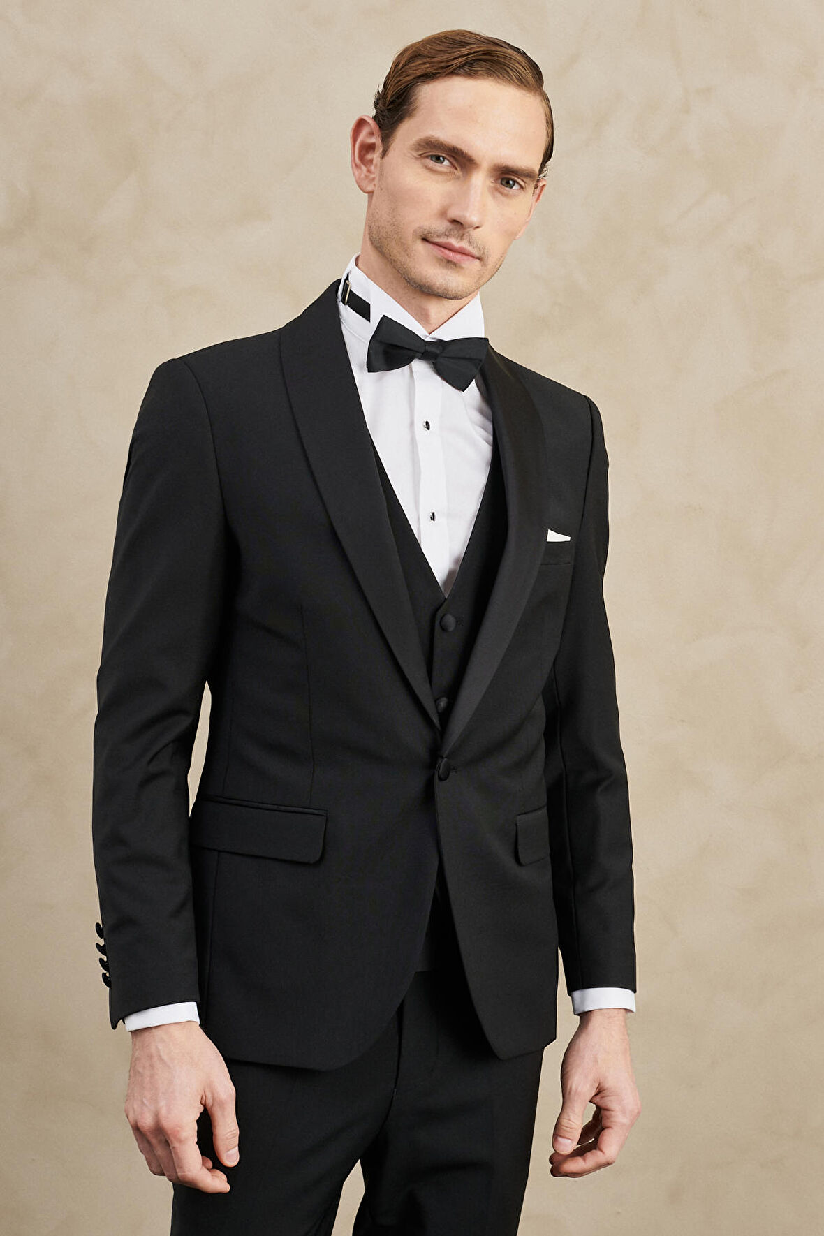 Erkek Siyah Slim Fit Dar Kesim Mono Yaka Yünlü Yelekli Klasik Smokin Takım