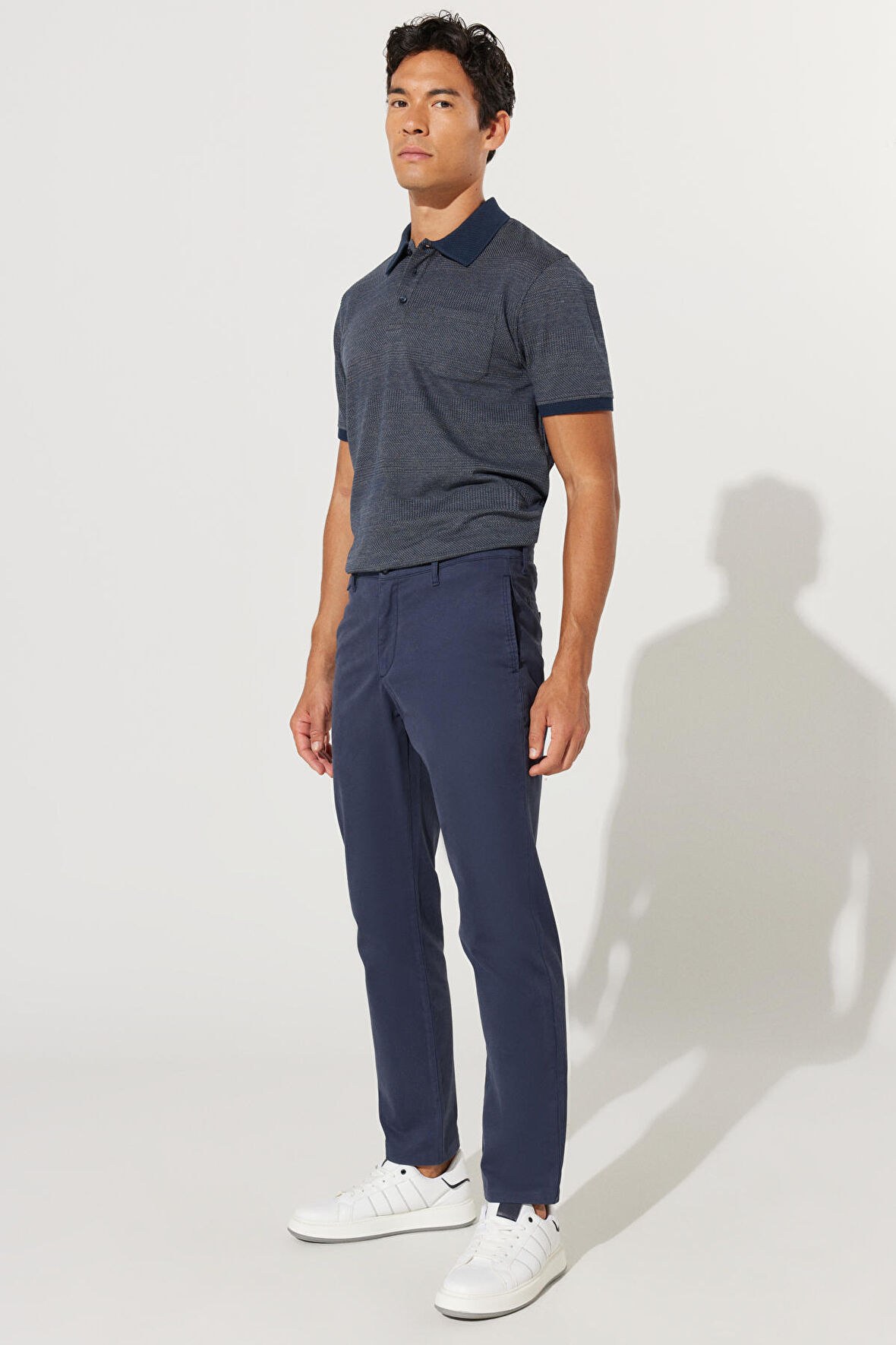 Erkek Lacivert Comfort Fit Rahat Kesim Pamuklu Diyagonal Desenli Esnek Pantolon