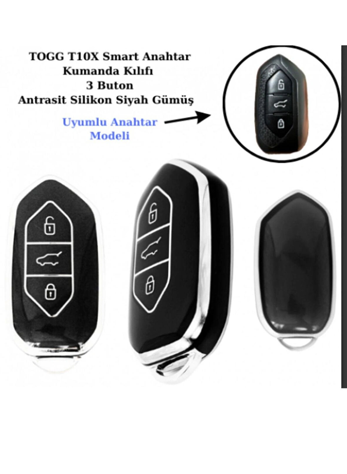 Togg T10x Uyumlu Anahtar Koruma kılıfı Siyah / Gümüş Detaylı Lütfen Anahtar Teyiti Yapınız