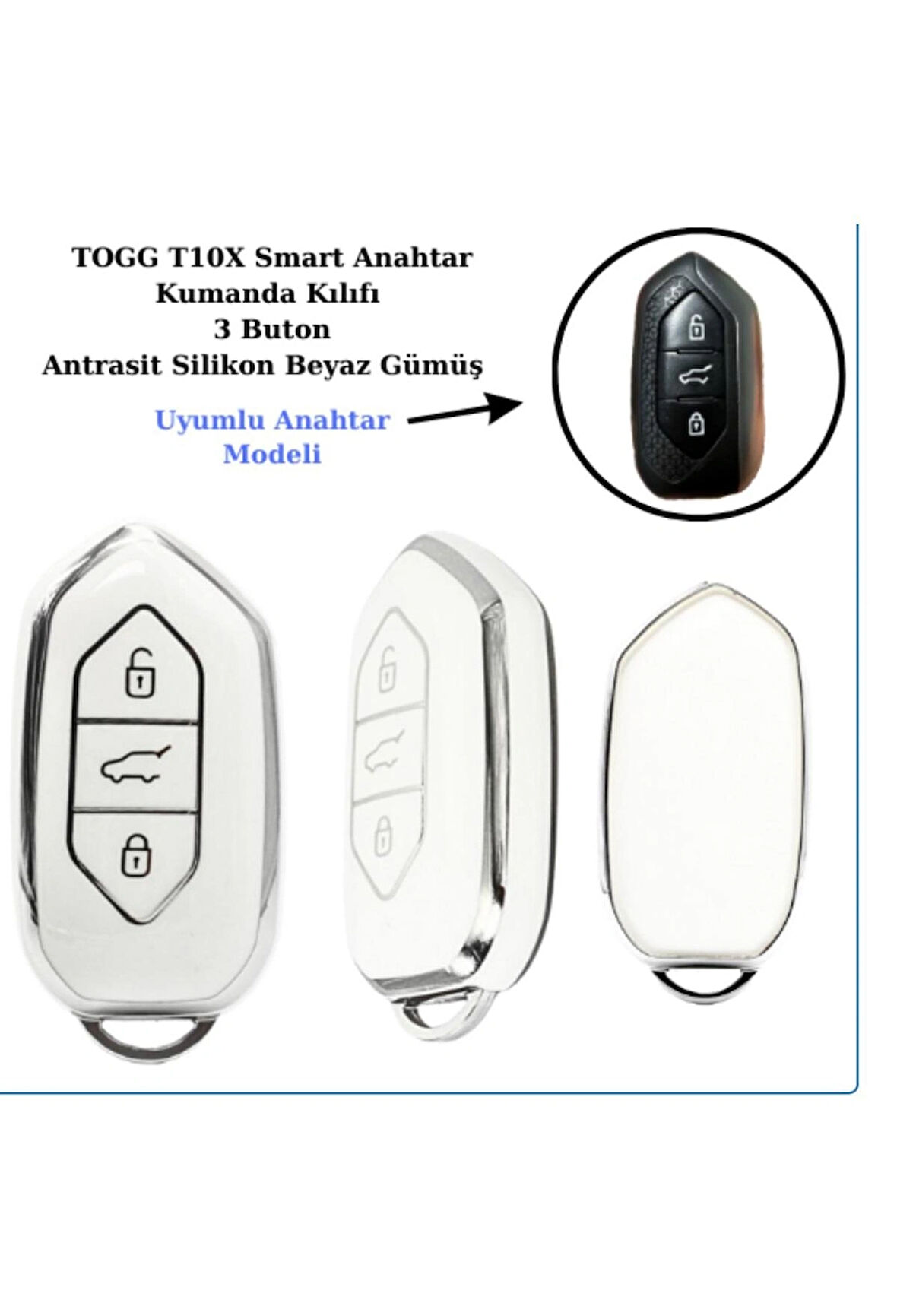 Togg T10x Uyumlu Anahtar Koruma kılıfı Beyaz / Gümüş Detaylı Lütfen Anahtar Teyiti Yapınız