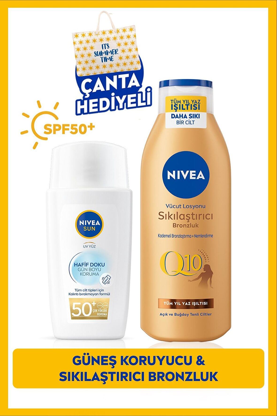 Nivea Sun Hafif Dokulu Yüz Kremi 40ml Spf50 Ve Q10 Sıkılaştırıcı Bronzluk Vücut Losyonu 200ml,çanta Hediye