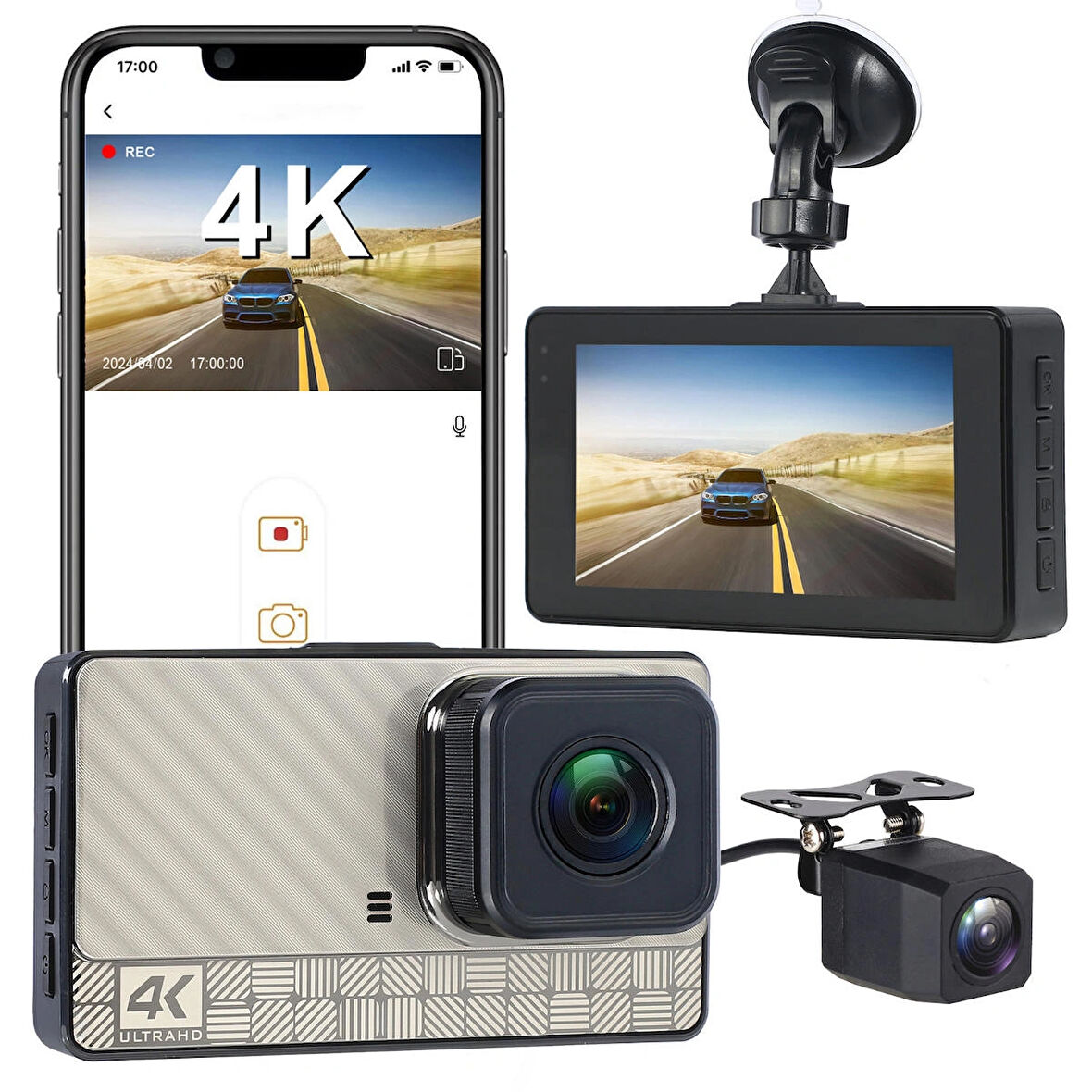 Ozmik 4k Cardshcam 170 Derece Geniş Açı 3 İnç IPS Araç Kamerası WiFi/Gece Görüşü/G-Sensör Ön/Arka