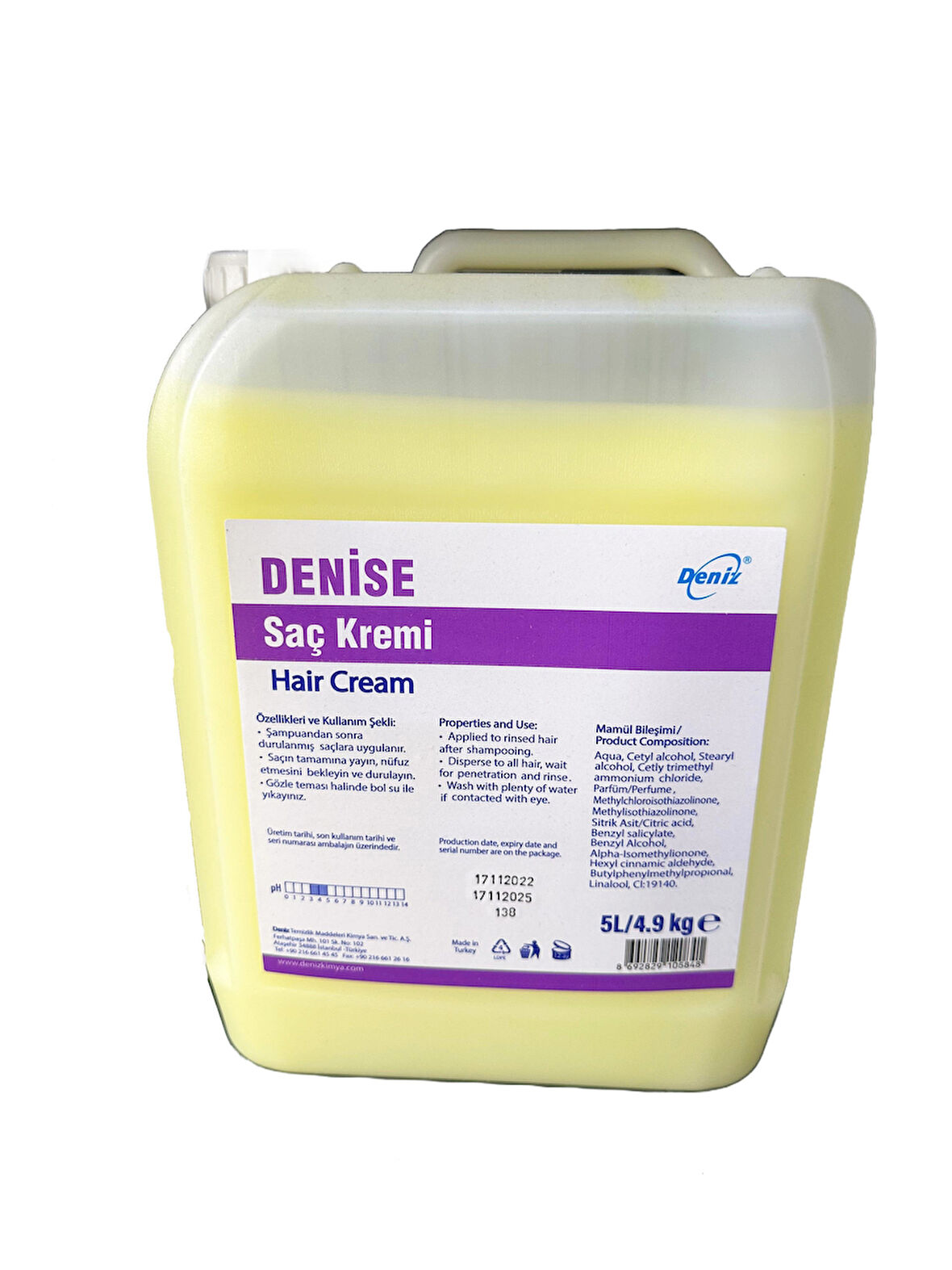 Deniz Saç Kremi Paraben İçermez - Tüm Saç Tiplerine Uygun - 5 Lt. / 4.9 Kg. - Bidon