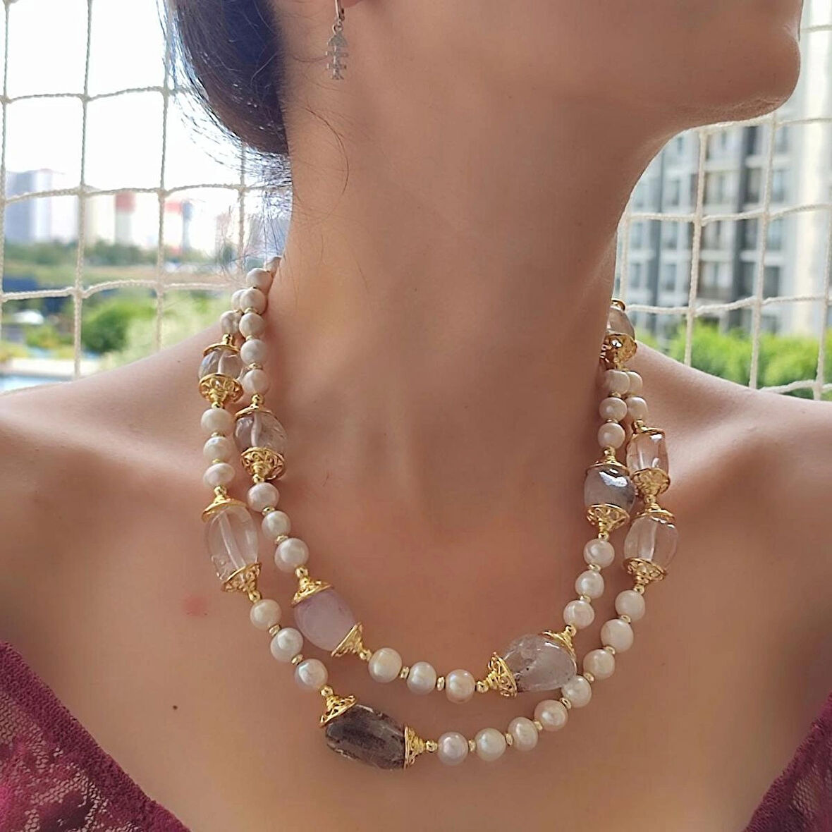 Barok İnci Kolye, Kuvars Kolye, İnci Retro Tasarım, Gelin Hediye, Nişanlıya Hediye, Düğün Kolyesi