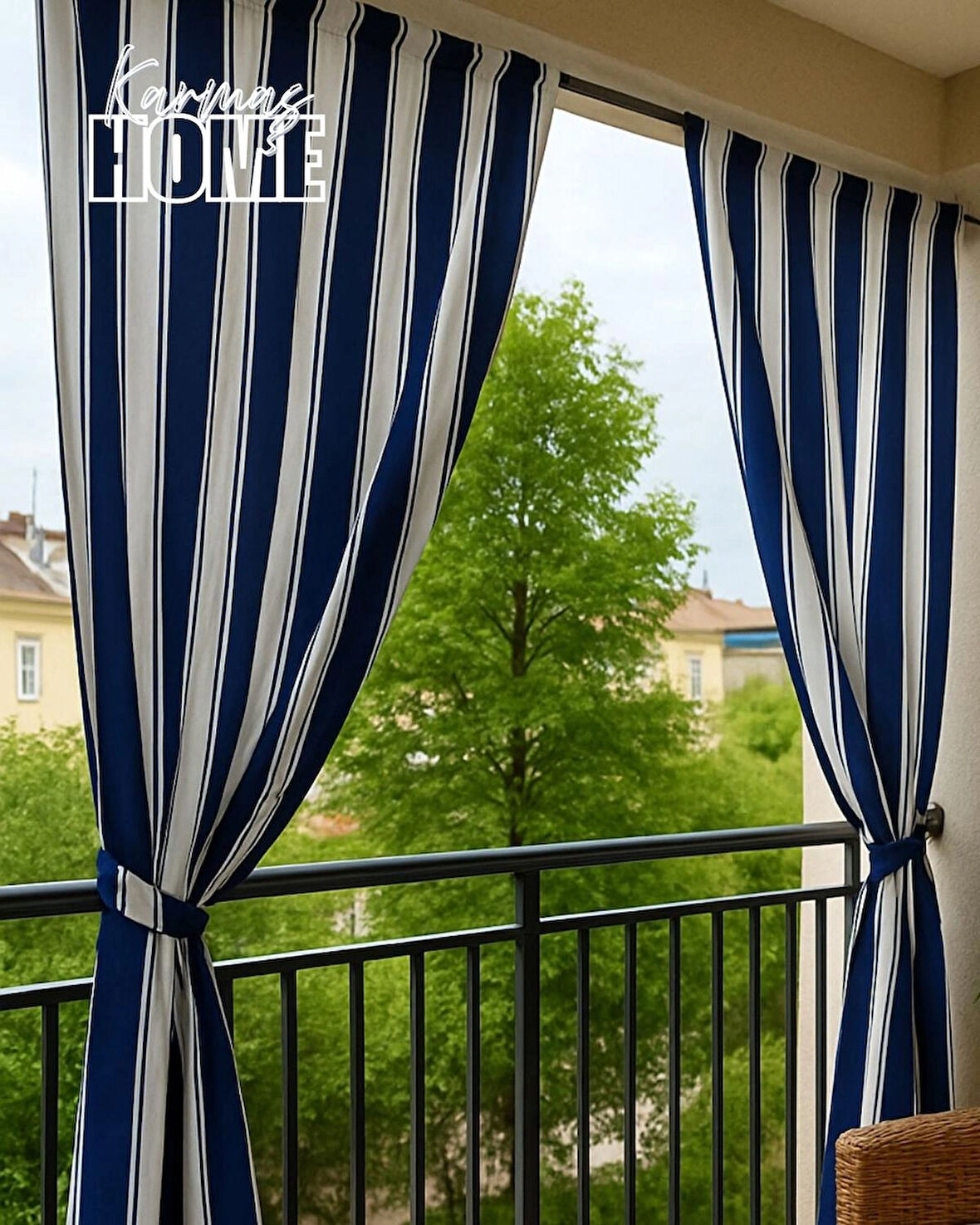 Balkon Perdesi Branda Kumaşı-Yağmur Geçirmez-Kalın-Bağcıklı-Düğmeli (Mavi/Beyaz)