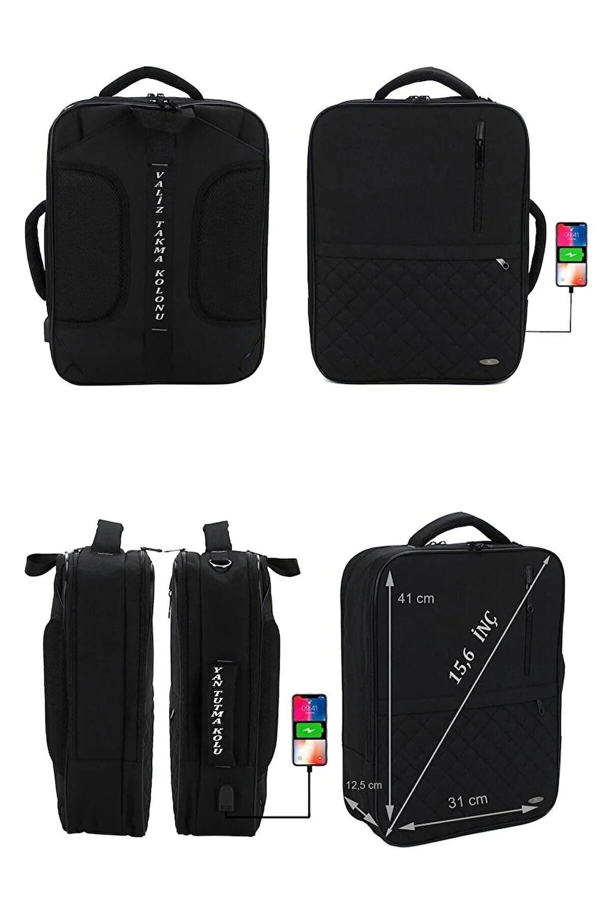 case clubSiyah 15.6 inç Notebook-Leptop Sırt ve Omuz Çantası USB Çıkışlı Su Darbeye Dayanıklı Yüzey