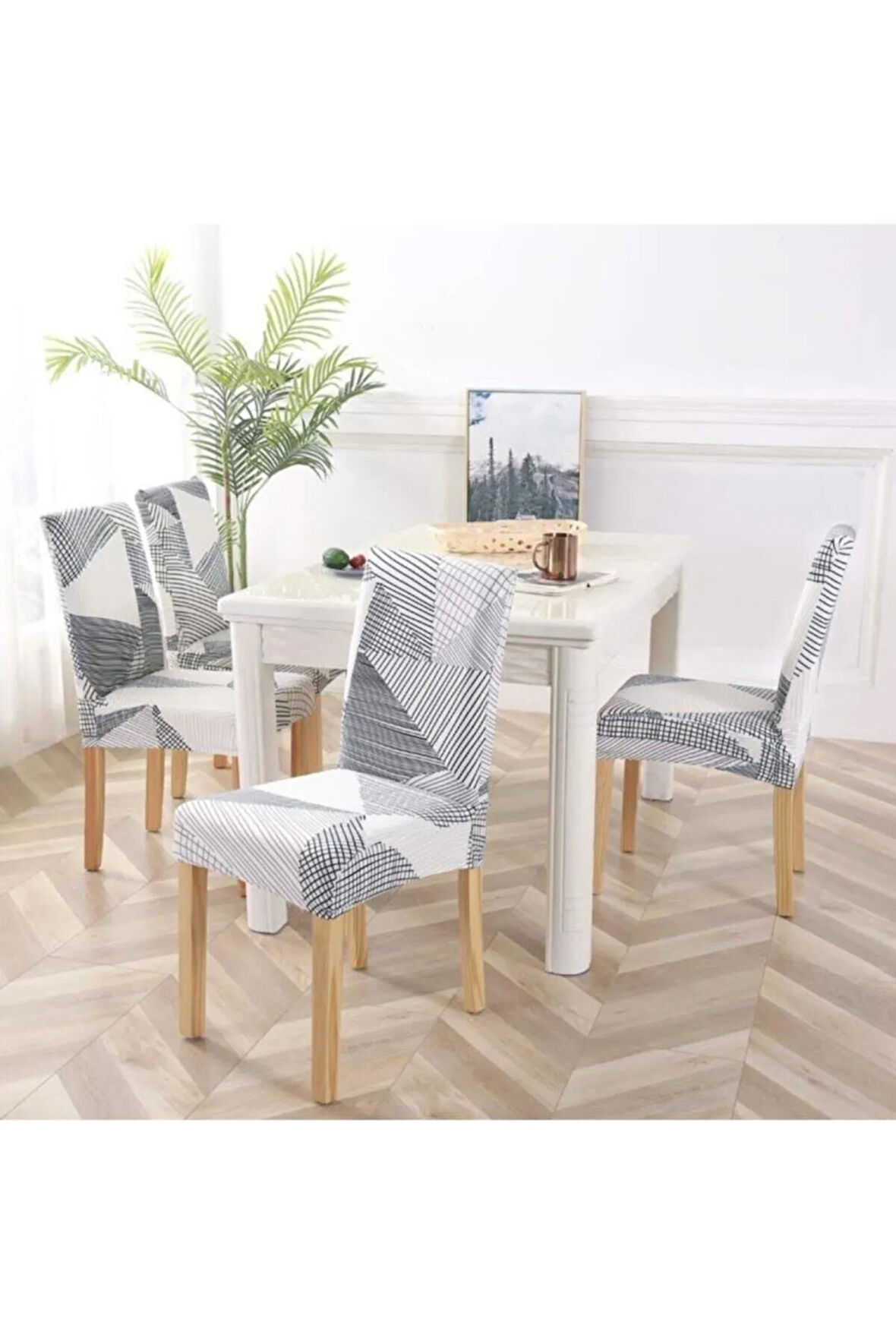 Çizgi Desenli Sandalye Kılıfı Dijital Baskılı 6 Adet Salon Mutfak Sandalye Örtüsü
