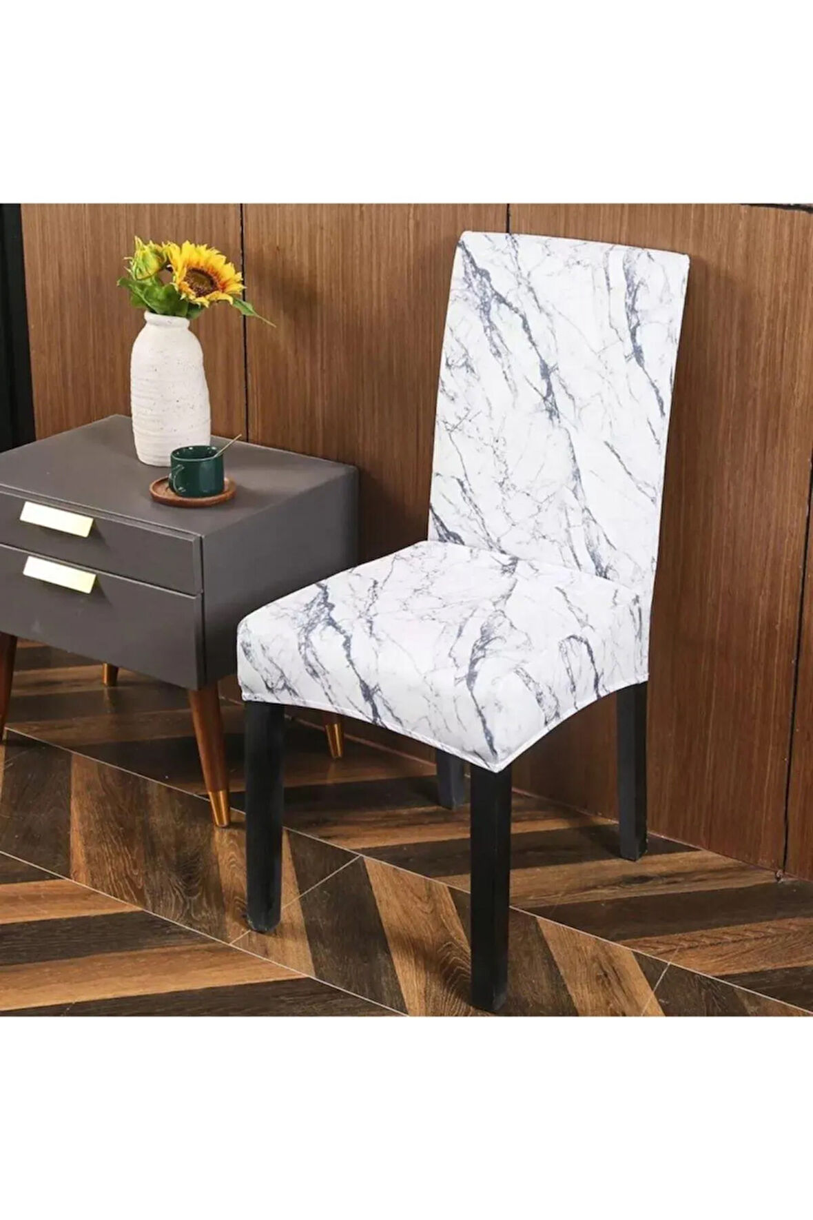 Beyaz Mermer Desenli Standart Sandalye Kılıfı 6 Adet Likralı Lastikli Kadife Kumaş