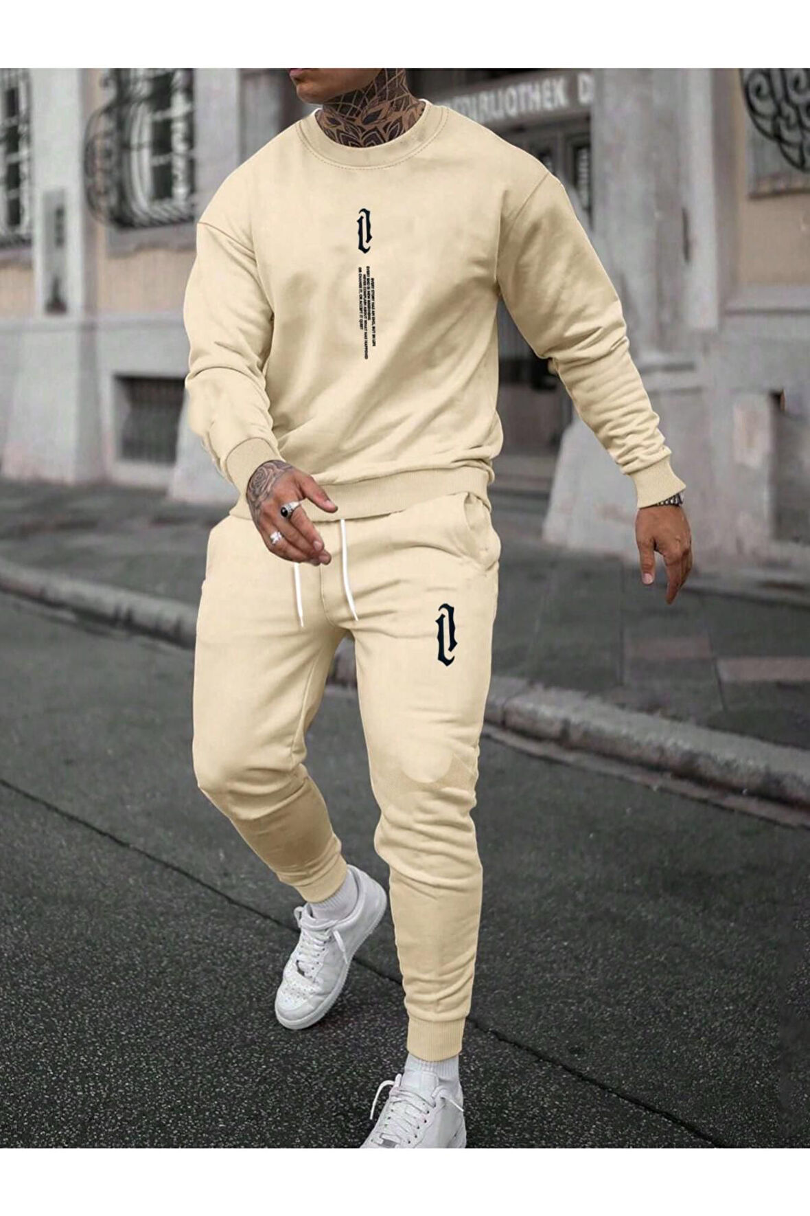 Erkek Siyah Dikey Baskılı Oversize Bisiklet Yaka Eşofman Takımı