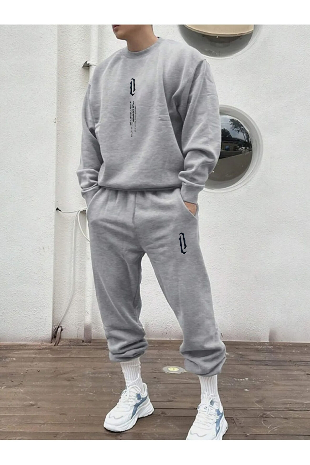 Erkek Siyah Dikey Baskılı Oversize Bisiklet Yaka Eşofman Takımı