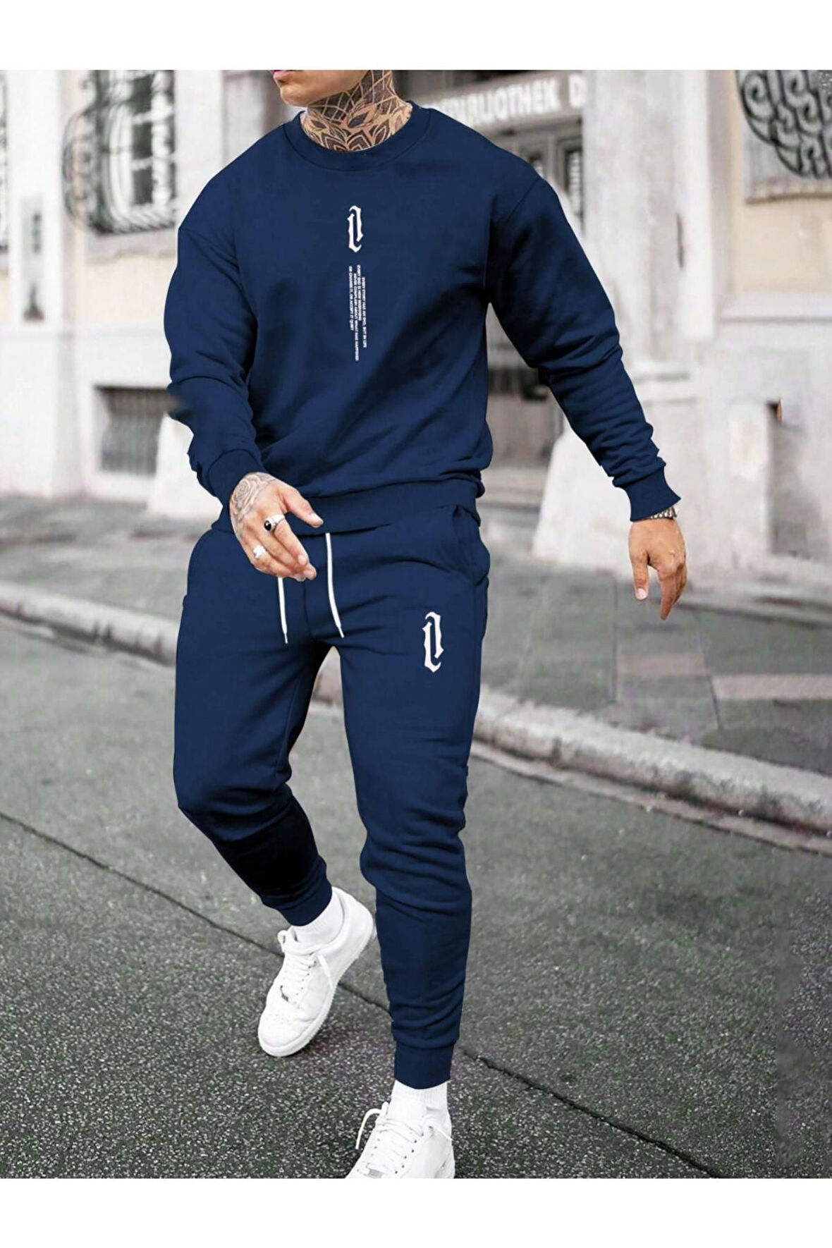 Erkek Siyah Dikey Baskılı Oversize Bisiklet Yaka Eşofman Takımı