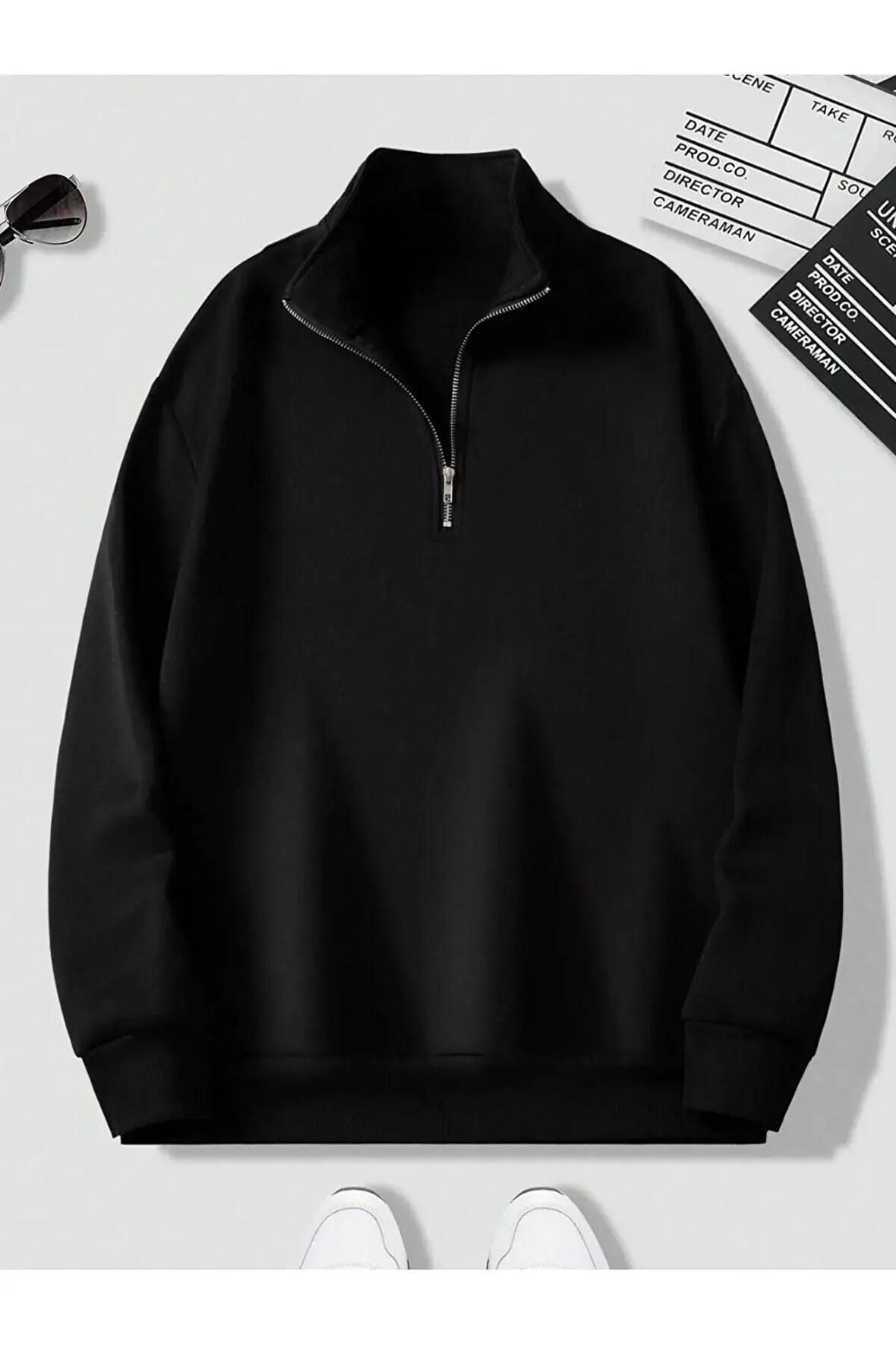 Unisex Dik Yaka Yarım Fermuarlı Oversize Sweatshirt
